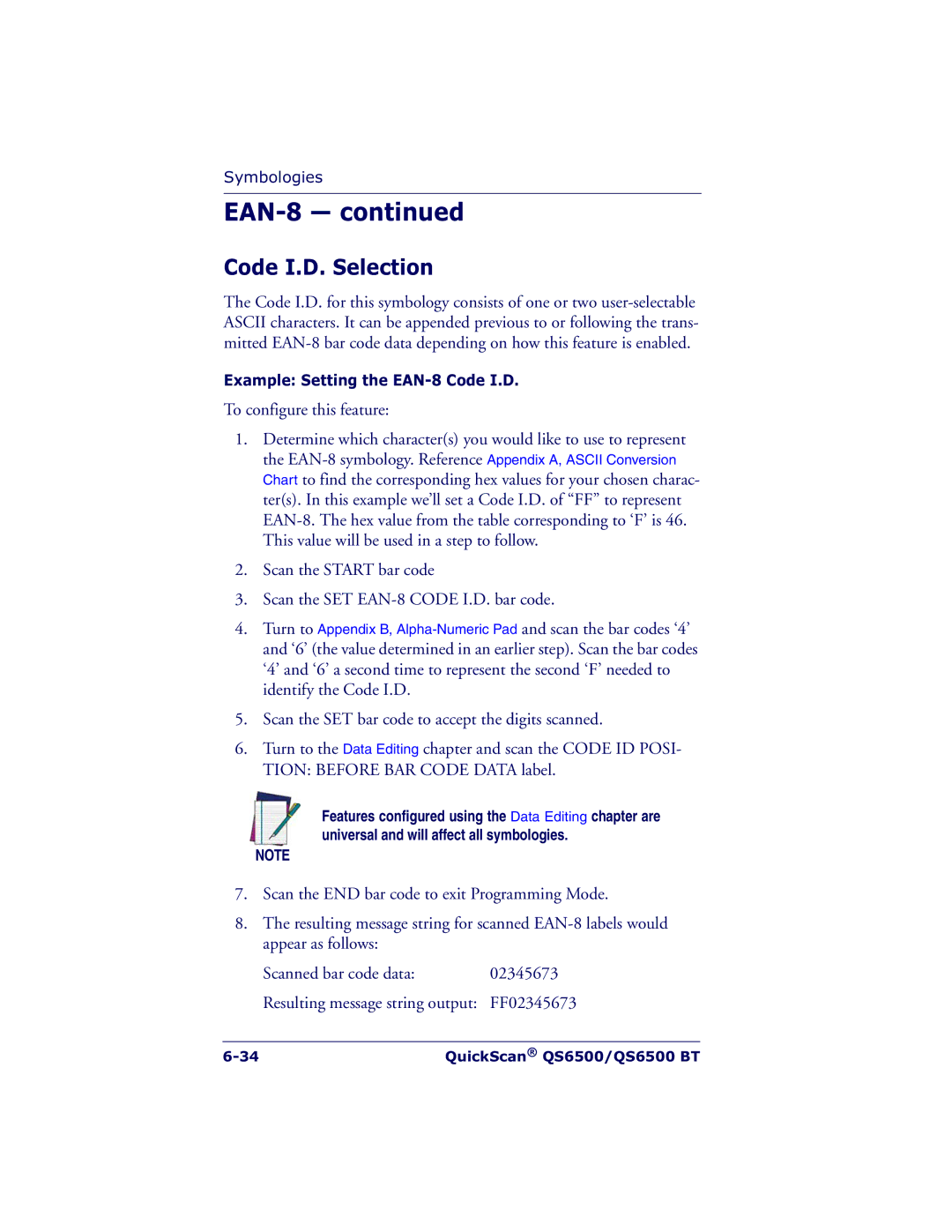 Datalogic Scanning QS6500BT manual Example Setting the EAN-8 Code I.D 