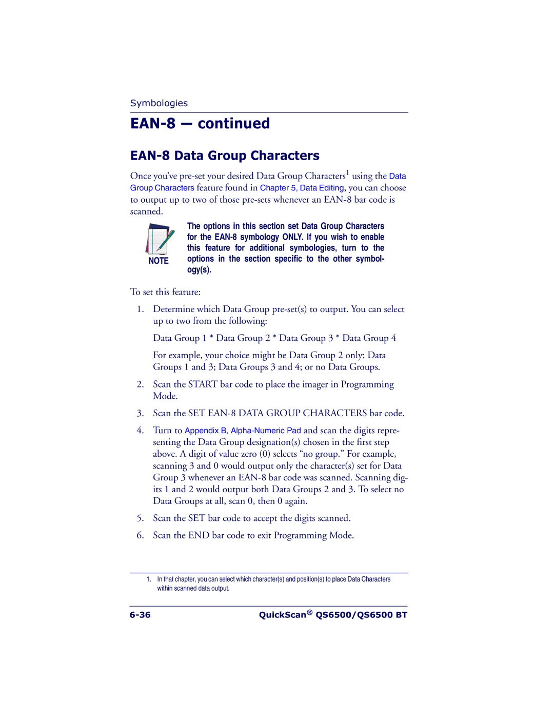 Datalogic Scanning QS6500BT manual EAN-8 Data Group Characters 