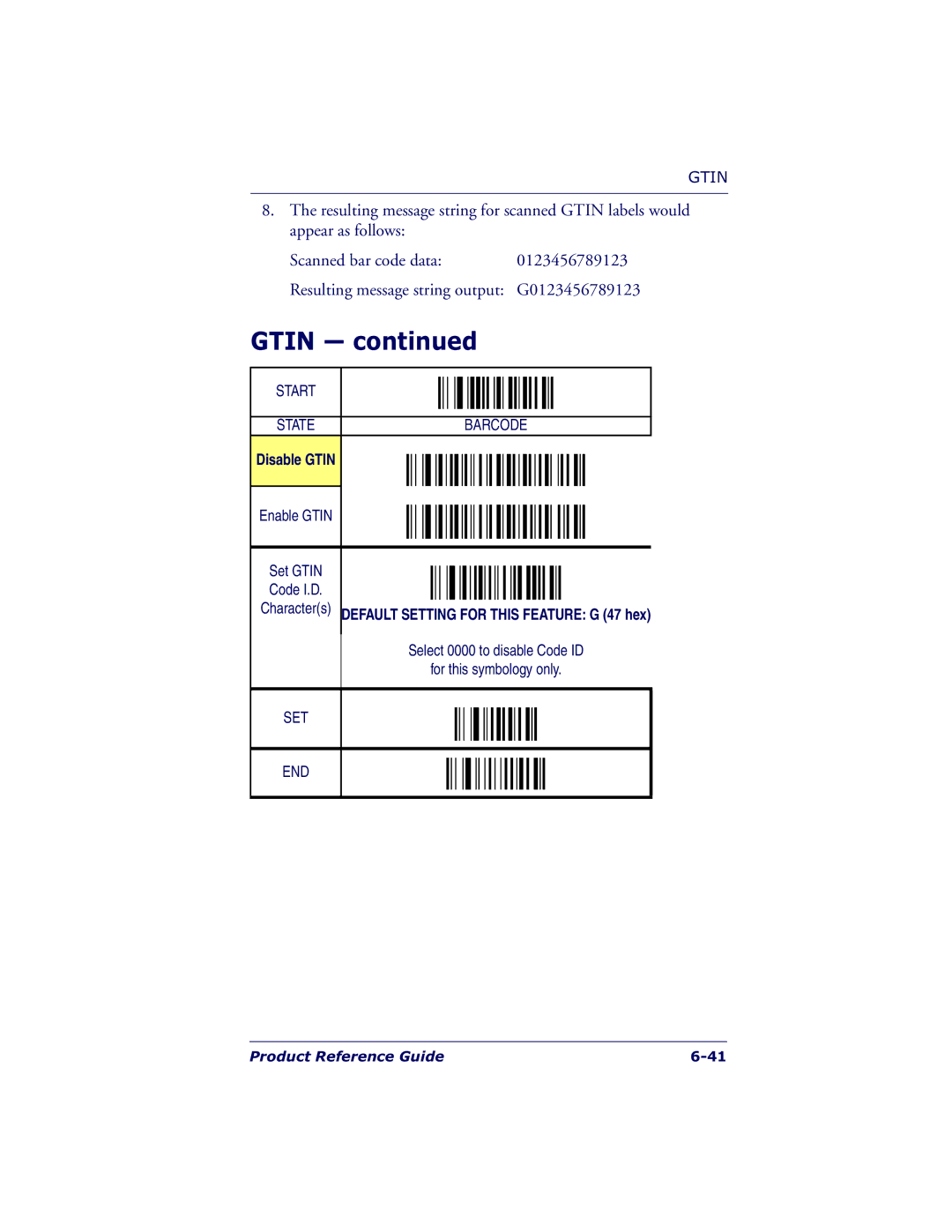 Datalogic Scanning QS6500BT manual Disable Gtin, Characters Default Setting for this Feature G 47 hex 