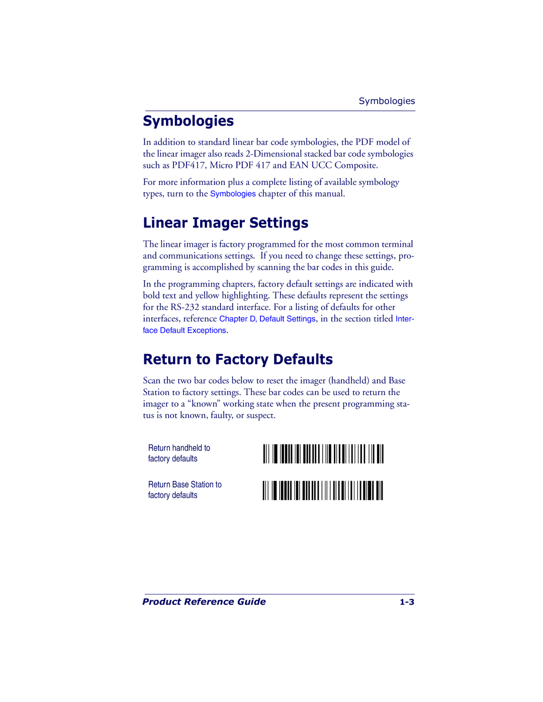 Datalogic Scanning QS6500BT manual Symbologies, Linear Imager Settings, Return to Factory Defaults 