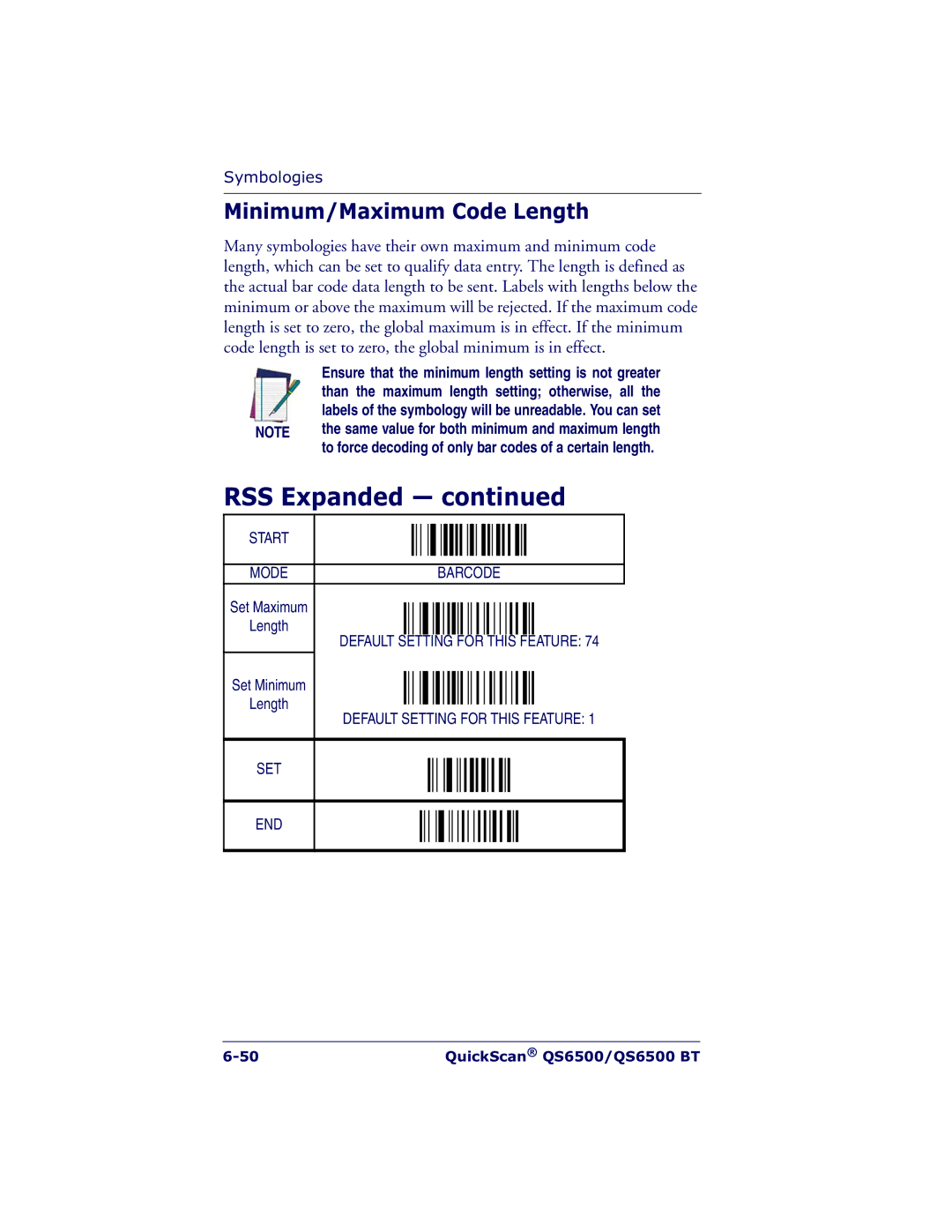 Datalogic Scanning QS6500BT manual Minimum/Maximum Code Length 