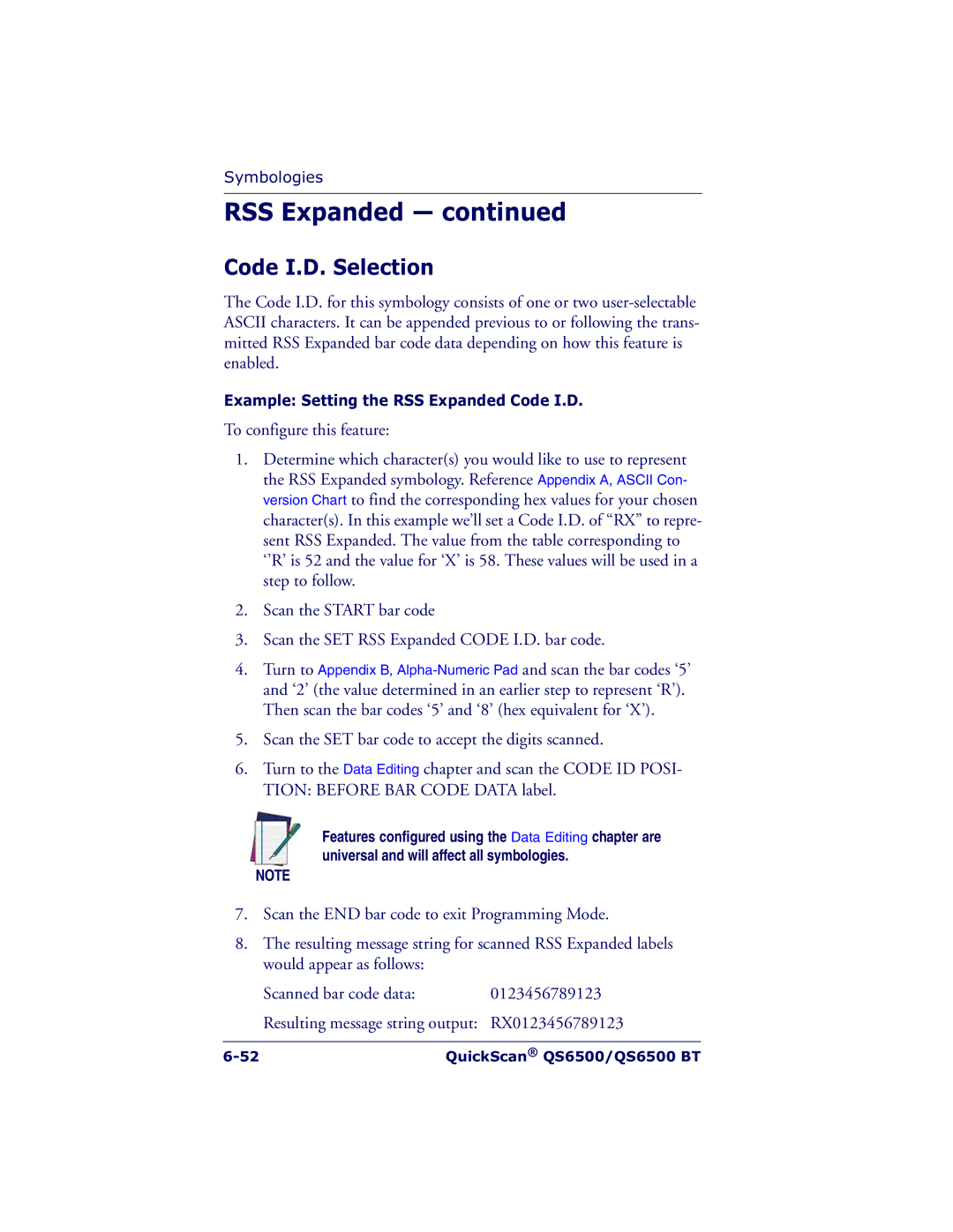 Datalogic Scanning QS6500BT manual Example Setting the RSS Expanded Code I.D 