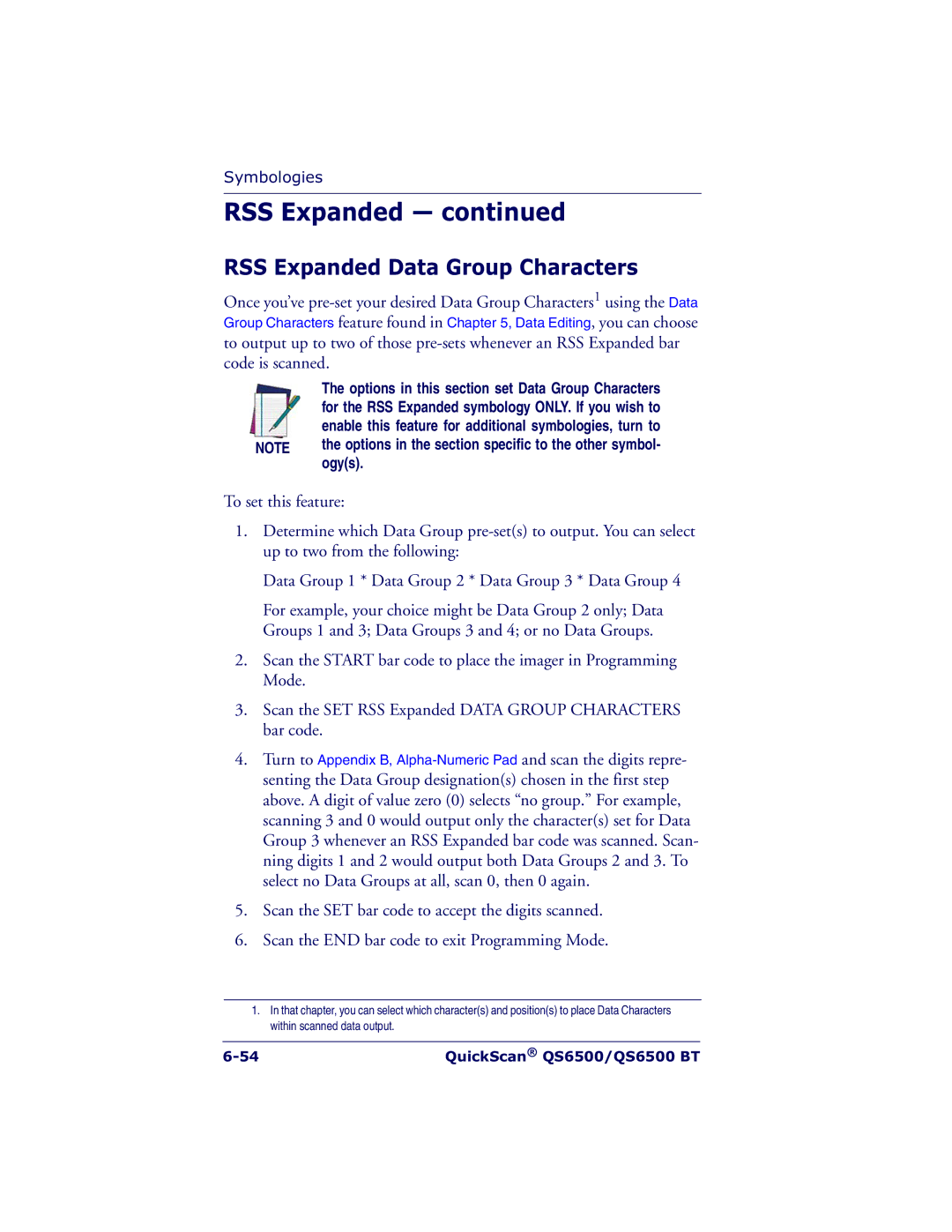 Datalogic Scanning QS6500BT manual RSS Expanded Data Group Characters 