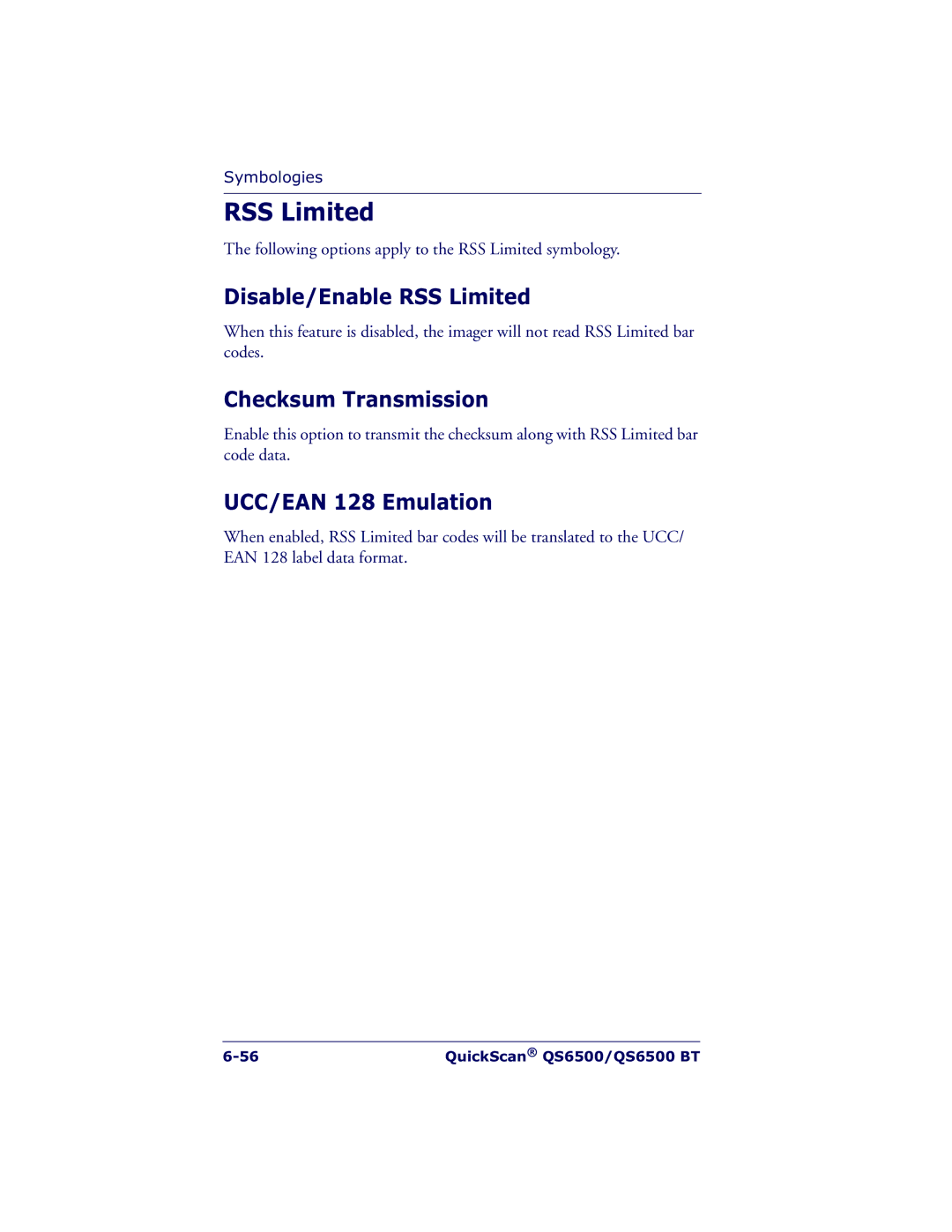 Datalogic Scanning QS6500BT manual Disable/Enable RSS Limited 