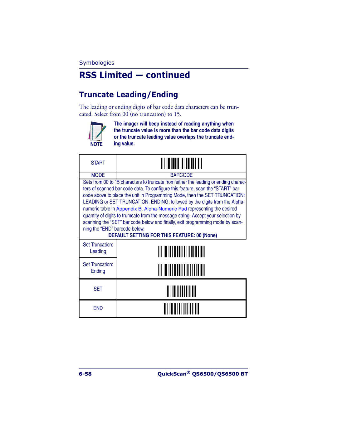 Datalogic Scanning QS6500BT manual Truncate Leading/Ending 