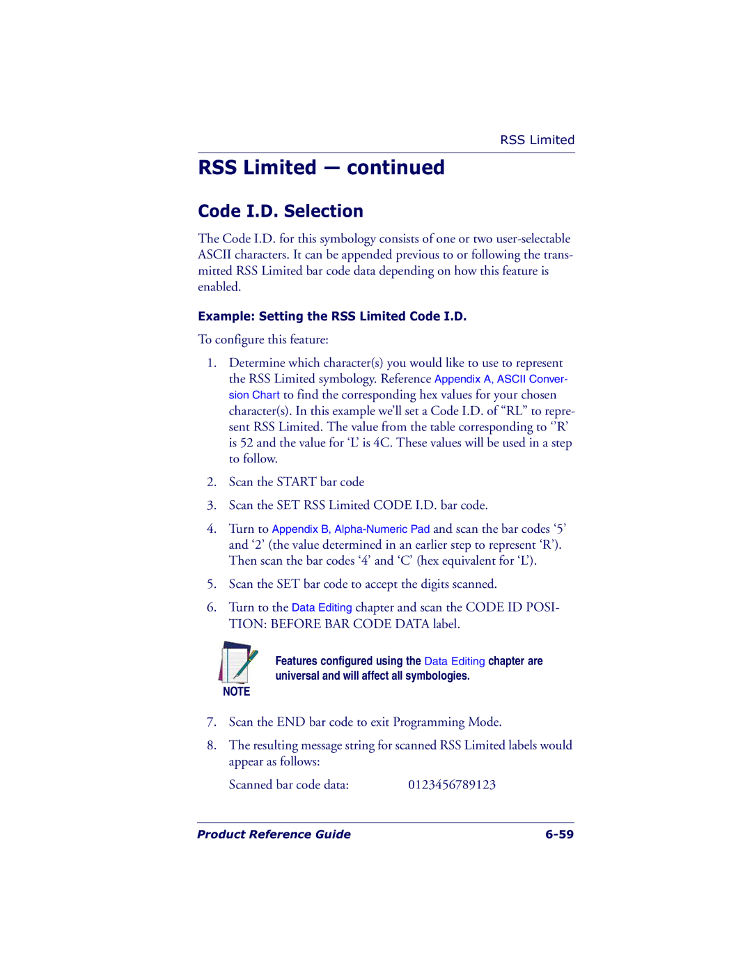 Datalogic Scanning QS6500BT manual Example Setting the RSS Limited Code I.D 