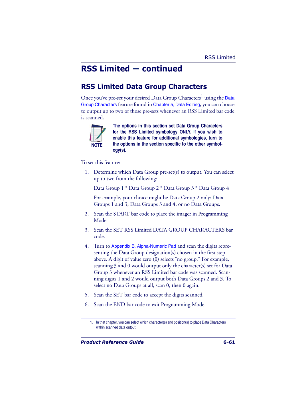 Datalogic Scanning QS6500BT manual RSS Limited Data Group Characters 