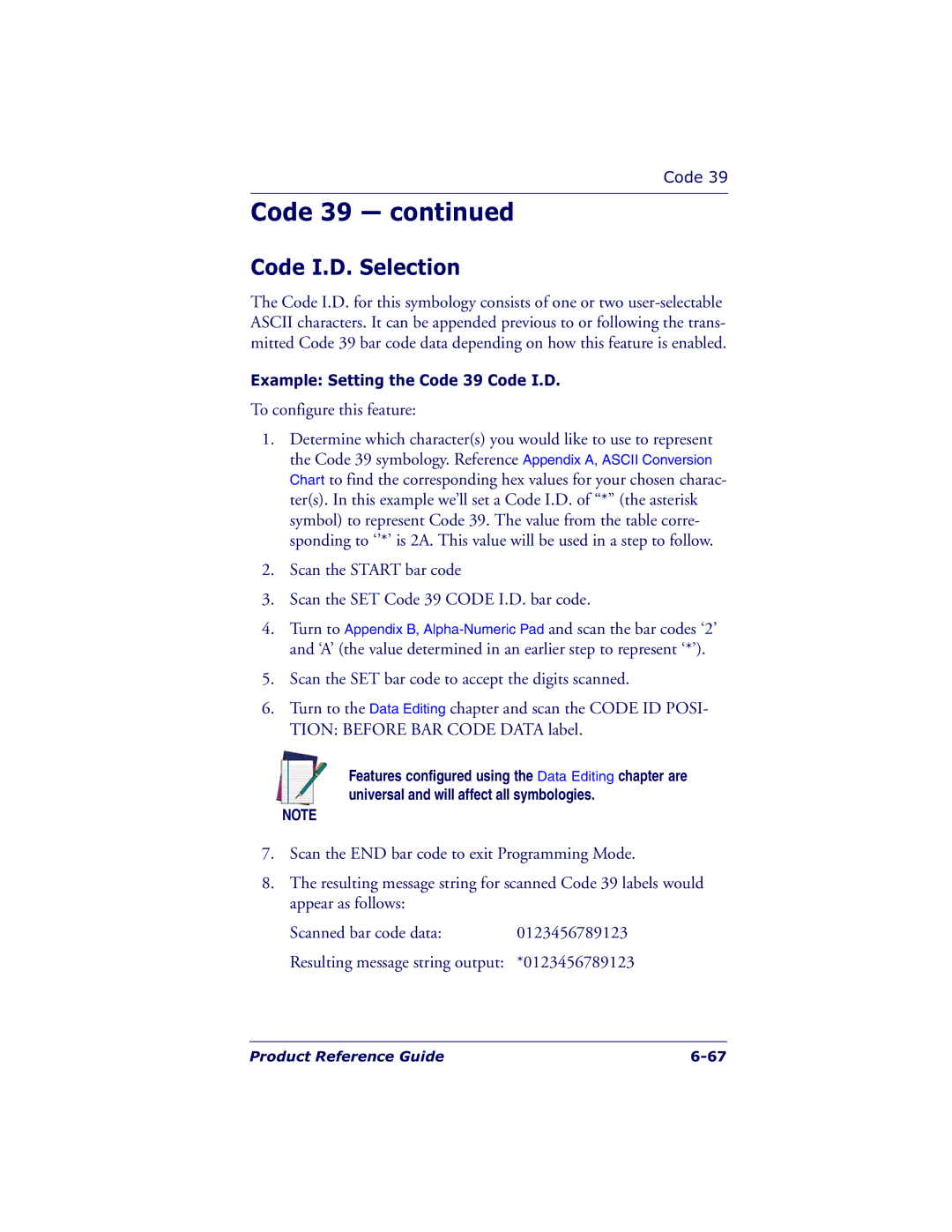 Datalogic Scanning QS6500BT manual Example Setting the Code 39 Code I.D 