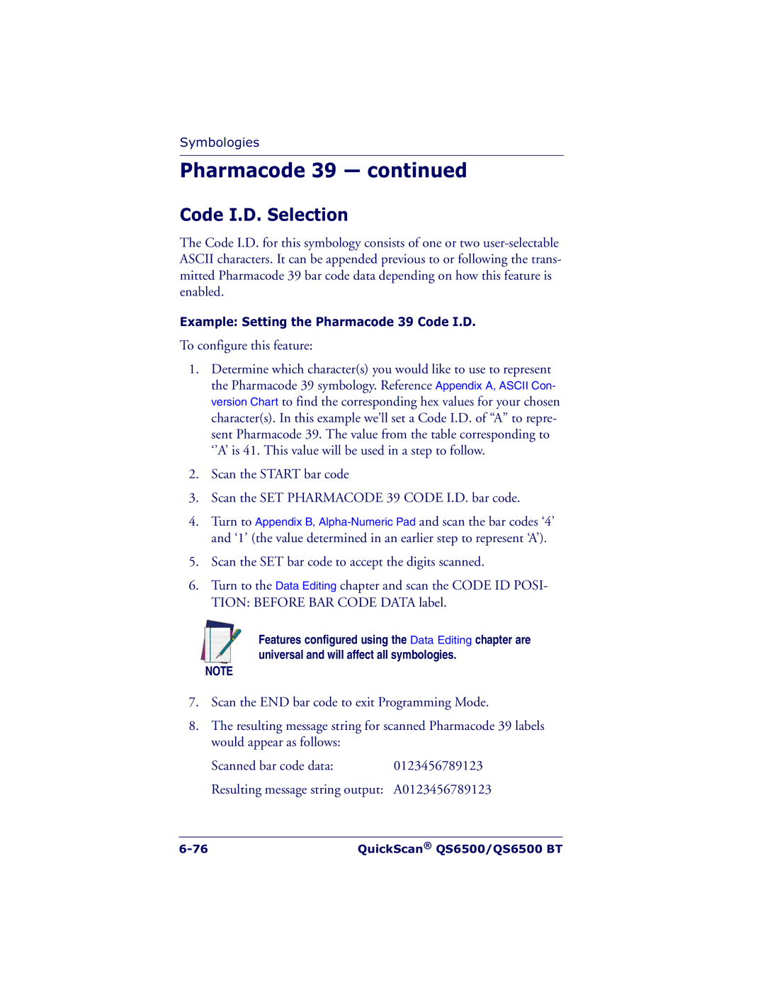 Datalogic Scanning QS6500BT manual Example Setting the Pharmacode 39 Code I.D 