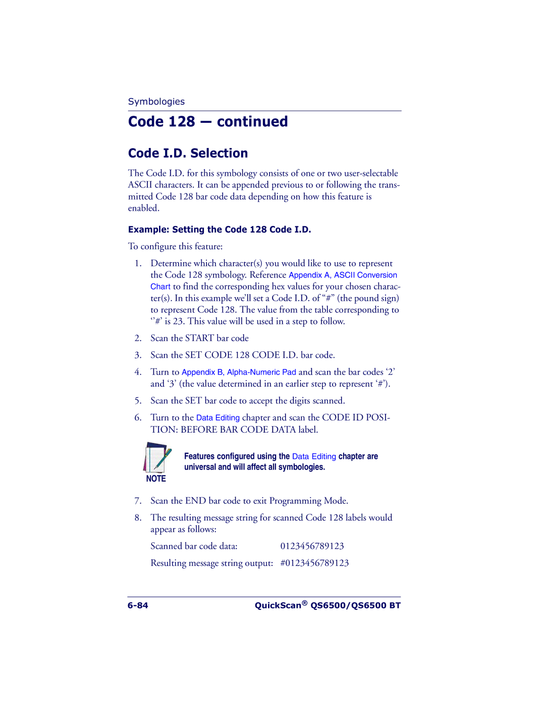 Datalogic Scanning QS6500BT manual Example Setting the Code 128 Code I.D 