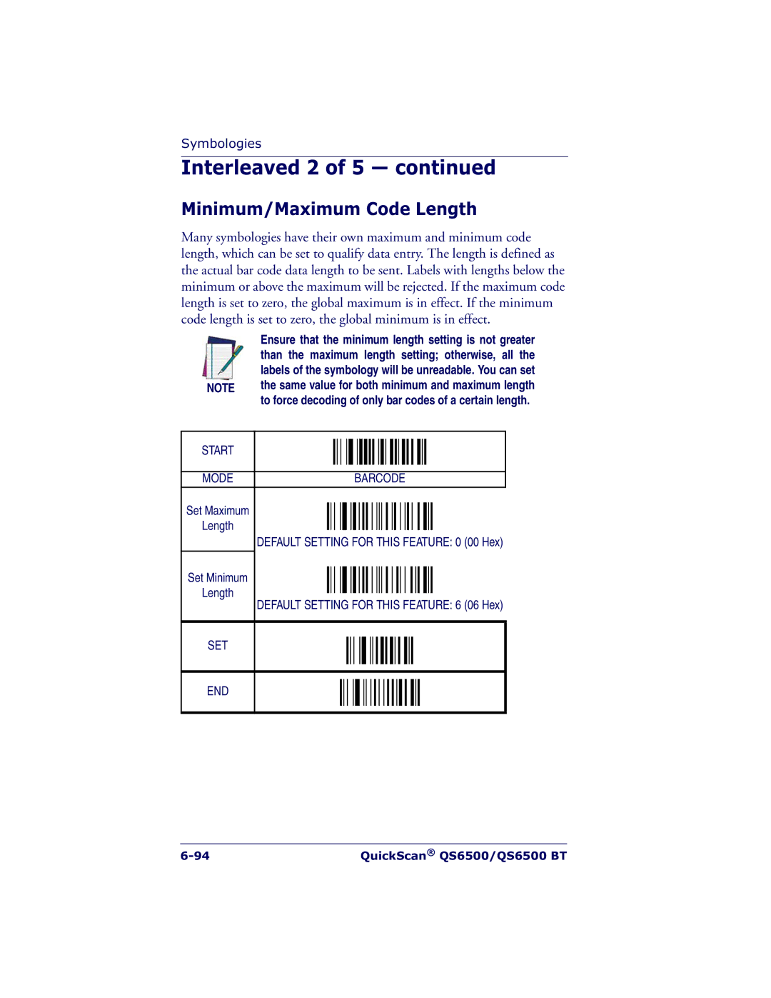 Datalogic Scanning QS6500BT manual Minimum/Maximum Code Length 