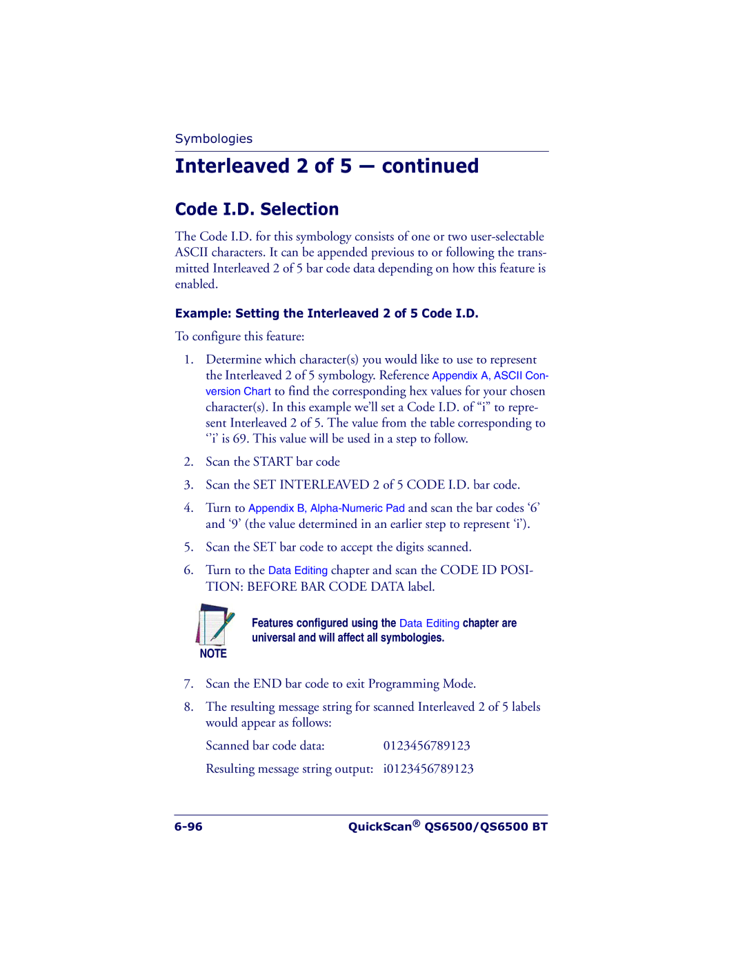 Datalogic Scanning QS6500BT manual Example Setting the Interleaved 2 of 5 Code I.D 