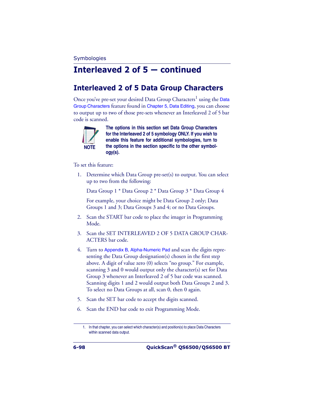 Datalogic Scanning QS6500BT manual Interleaved 2 of 5 Data Group Characters 