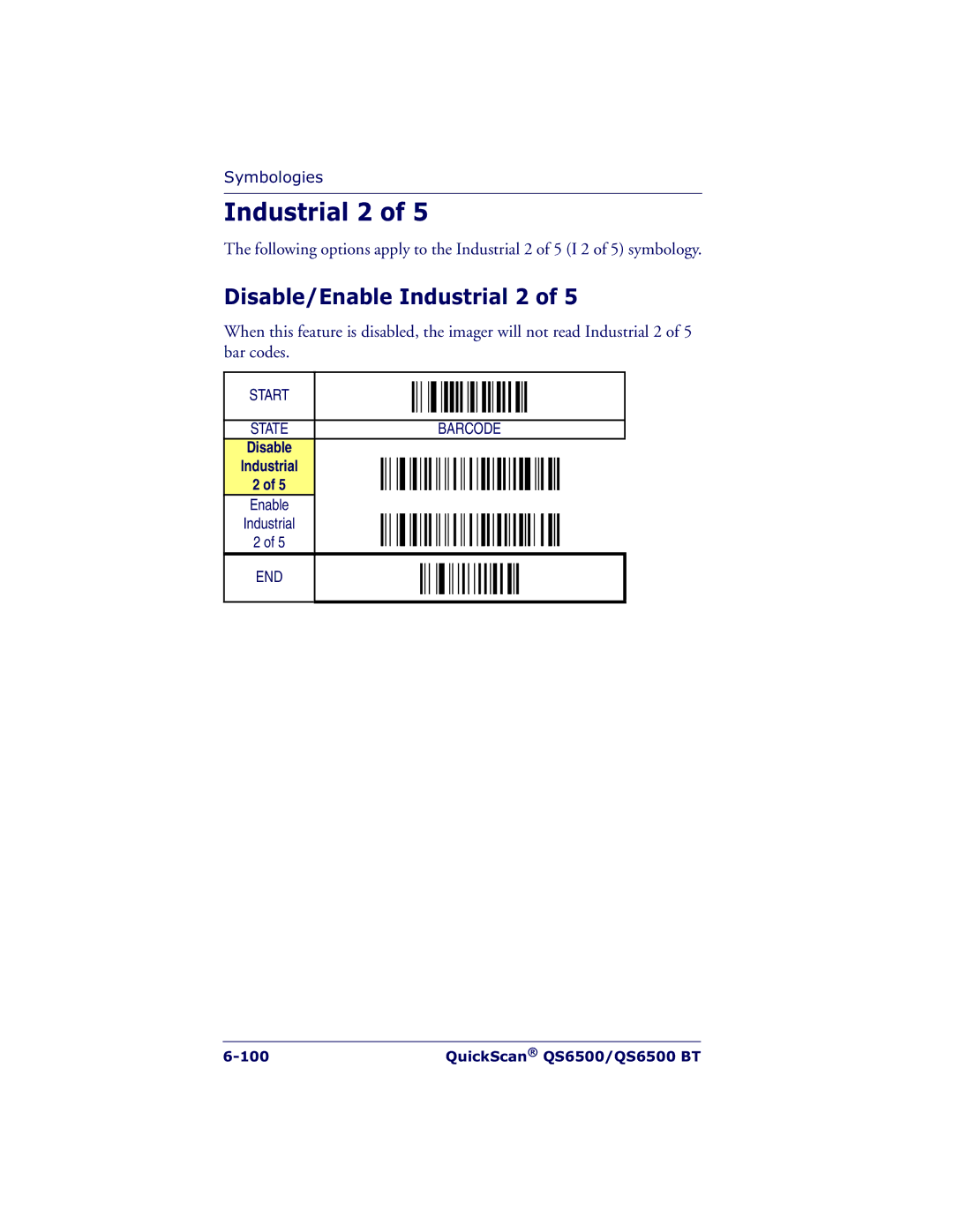 Datalogic Scanning QS6500BT manual Disable/Enable Industrial 2 