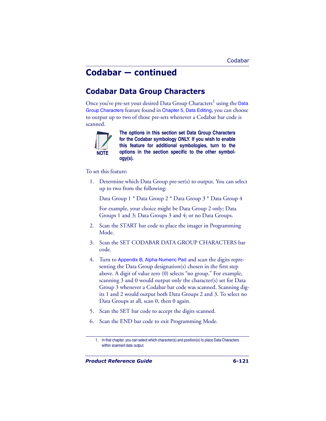 Datalogic Scanning QS6500BT manual Codabar Data Group Characters 