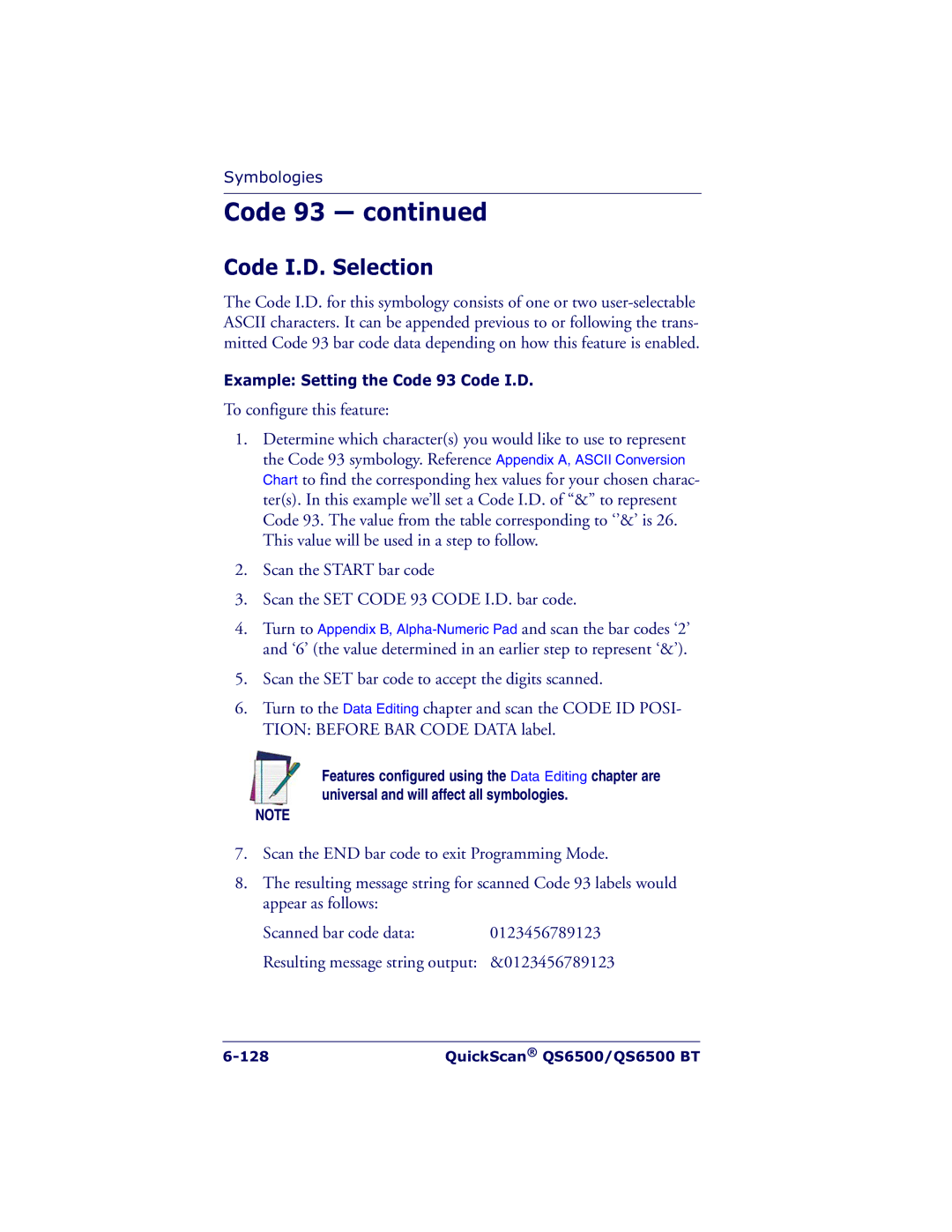 Datalogic Scanning QS6500BT manual Example Setting the Code 93 Code I.D 