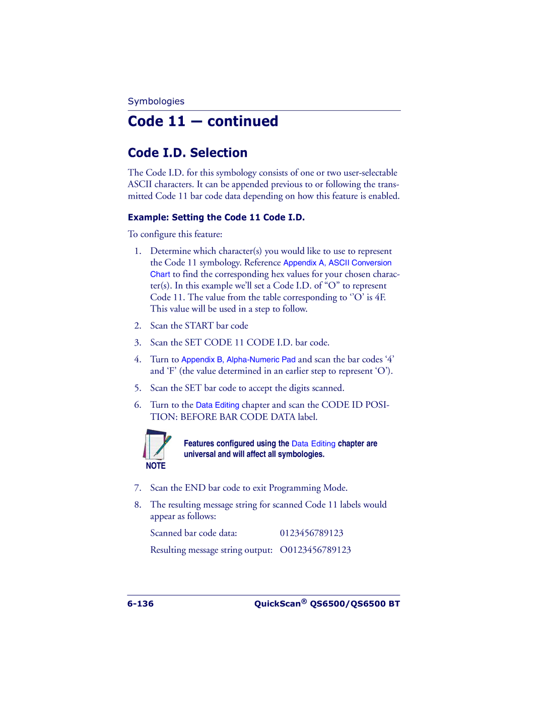 Datalogic Scanning QS6500BT manual Example Setting the Code 11 Code I.D 