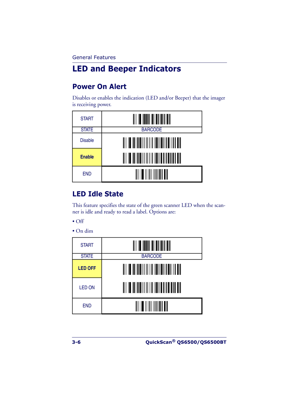 Datalogic Scanning QS6500BT manual LED and Beeper Indicators, Power On Alert, LED Idle State, Enable 