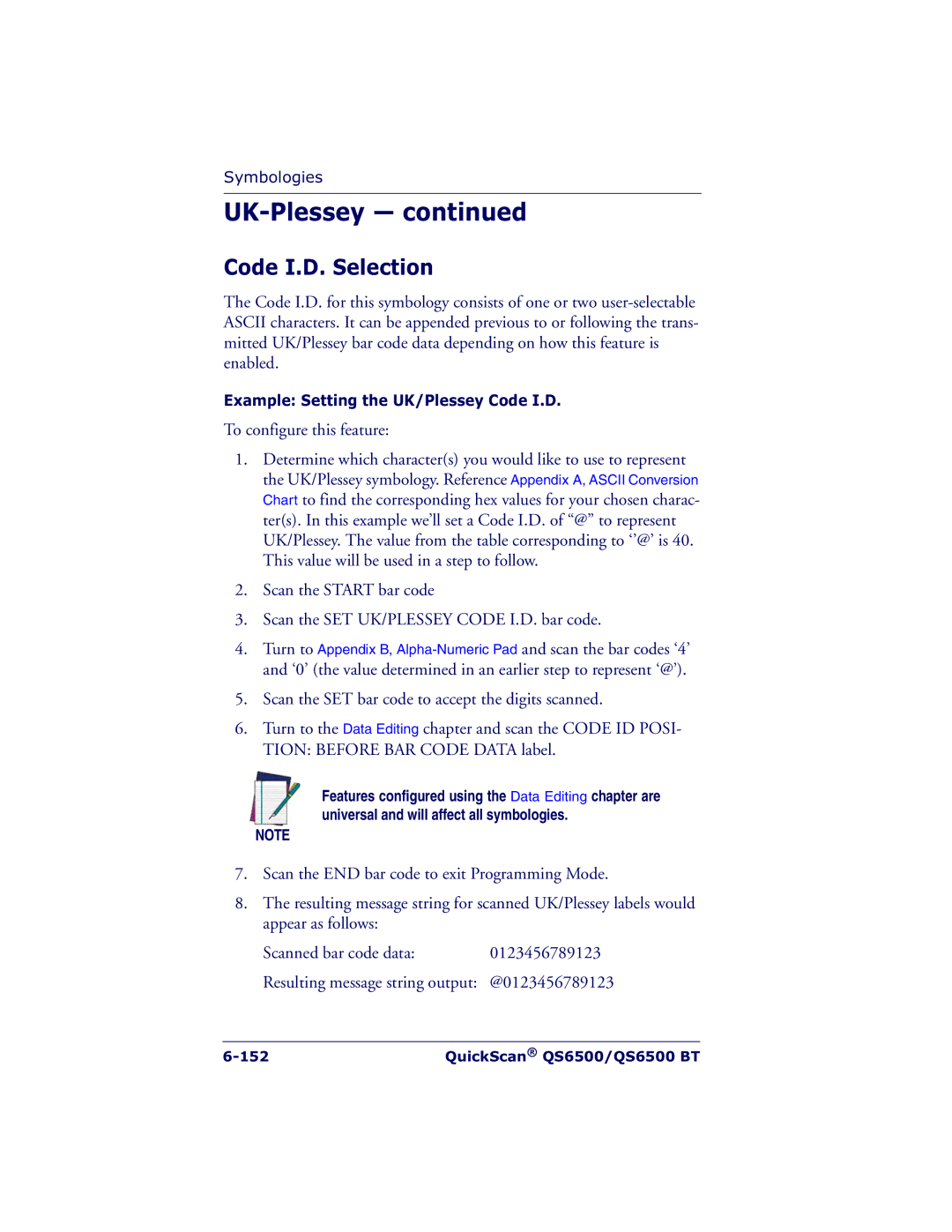 Datalogic Scanning QS6500BT manual Example Setting the UK/Plessey Code I.D 