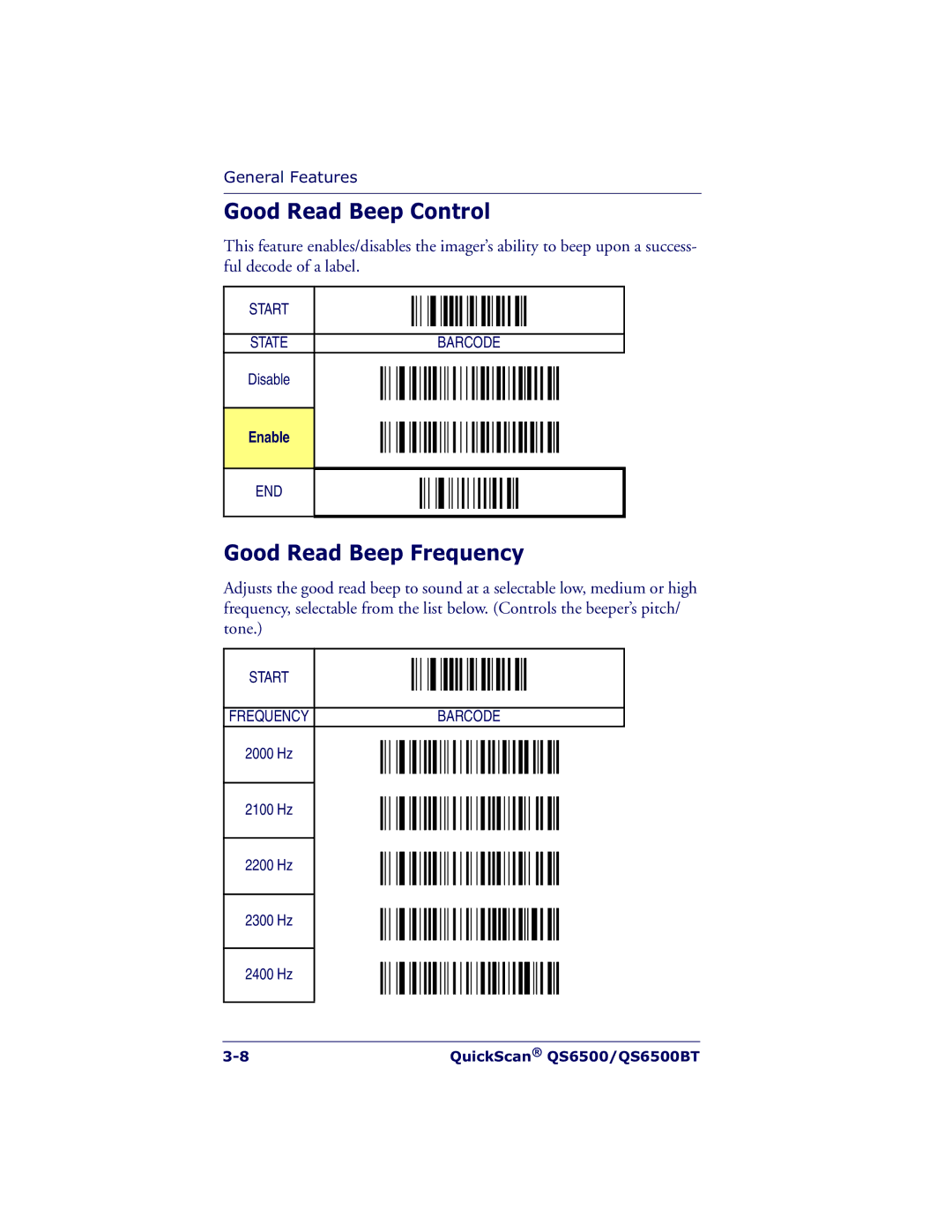 Datalogic Scanning QS6500BT manual Good Read Beep Control, Good Read Beep Frequency 