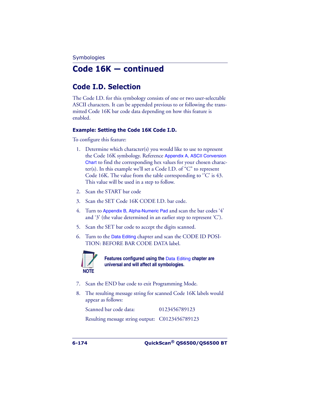 Datalogic Scanning QS6500BT manual Example Setting the Code 16K Code I.D 