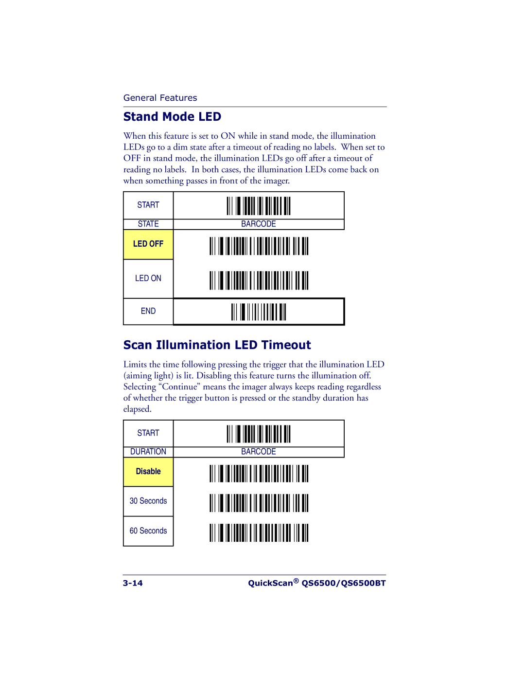 Datalogic Scanning QS6500BT manual Stand Mode LED, Scan Illumination LED Timeout, Disable 