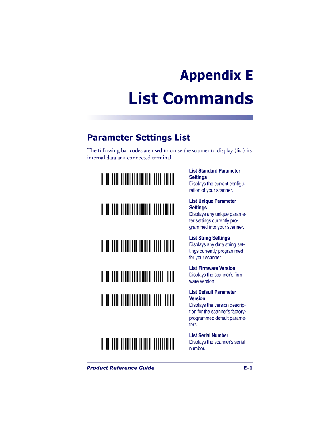 Datalogic Scanning QS6500BT Parameter Settings List, List Standard Parameter Settings, List Unique Parameter Settings 