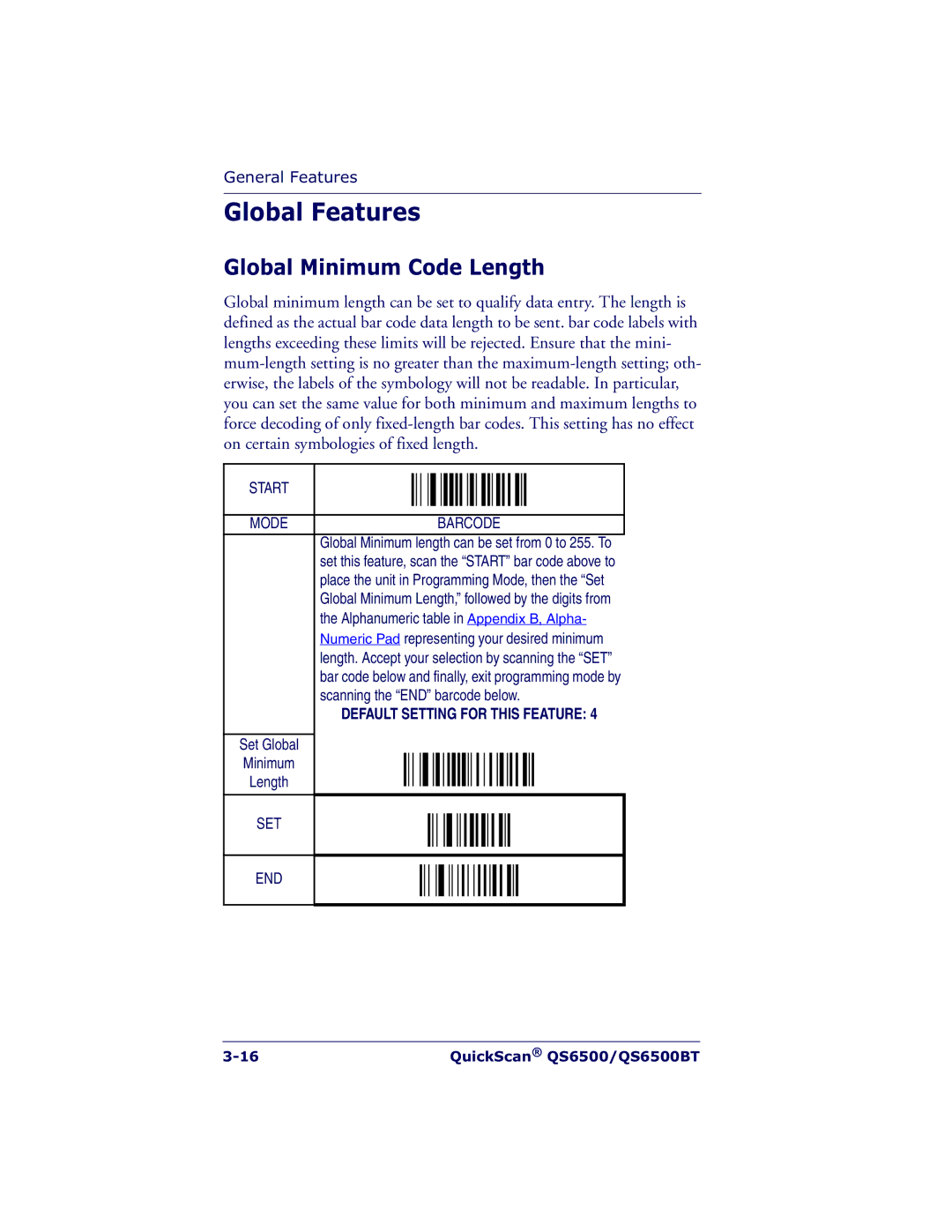 Datalogic Scanning QS6500BT manual Global Features, Global Minimum Code Length 