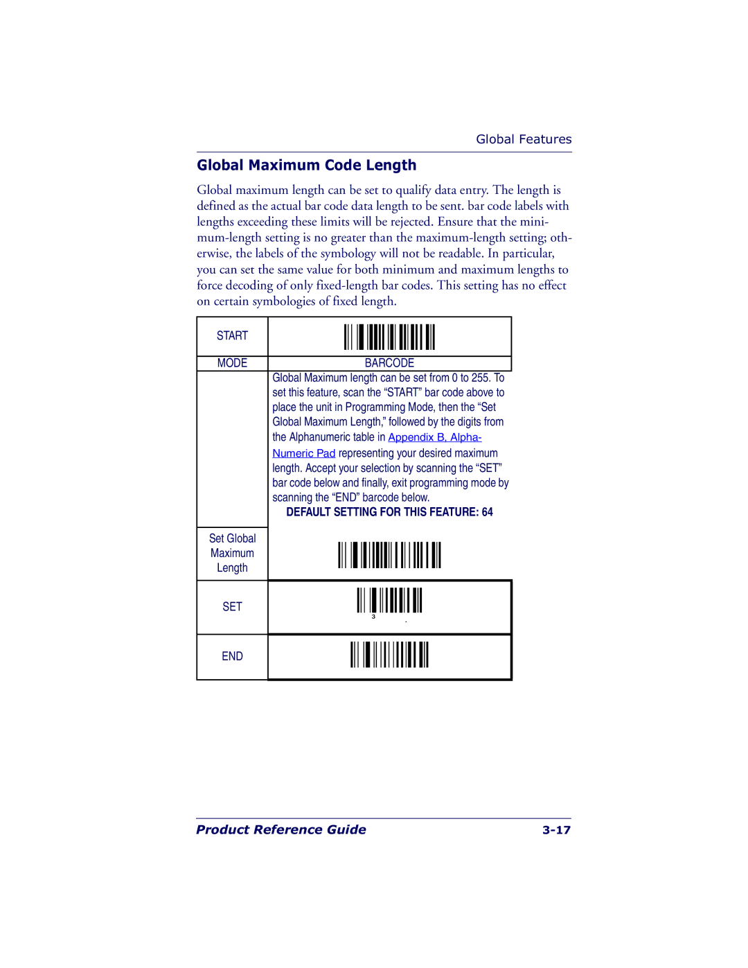 Datalogic Scanning QS6500BT manual Global Maximum Code Length, Start Mode Barcode 