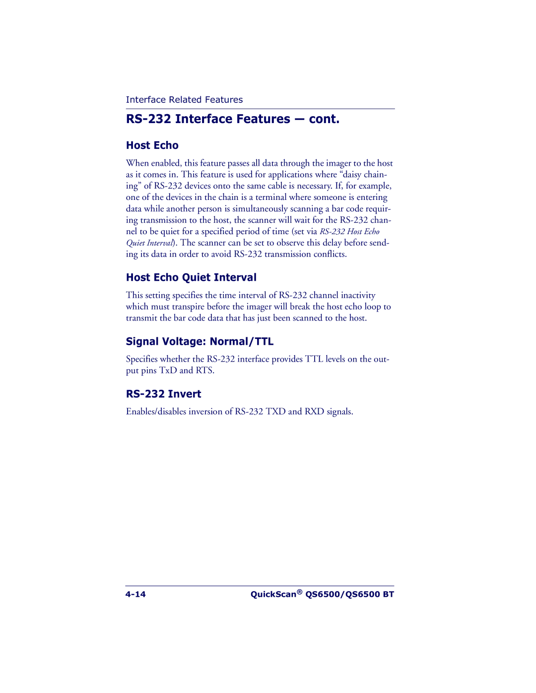Datalogic Scanning QS6500BT manual Host Echo Quiet Interval, Signal Voltage Normal/TTL, RS-232 Invert 
