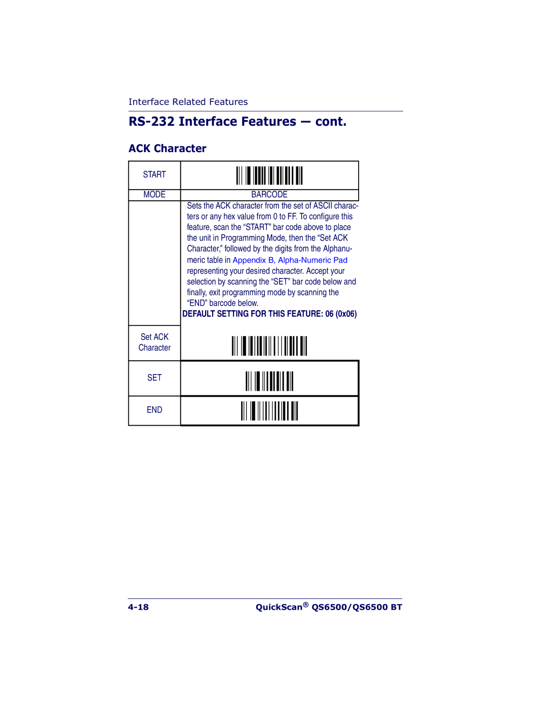 Datalogic Scanning QS6500BT manual ACK Character, Meric table in Appendix B, Alpha-Numeric Pad 