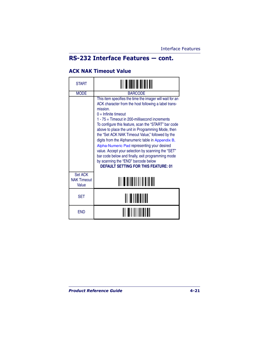 Datalogic Scanning QS6500BT manual ACK NAK Timeout Value, = Infinite timeout 