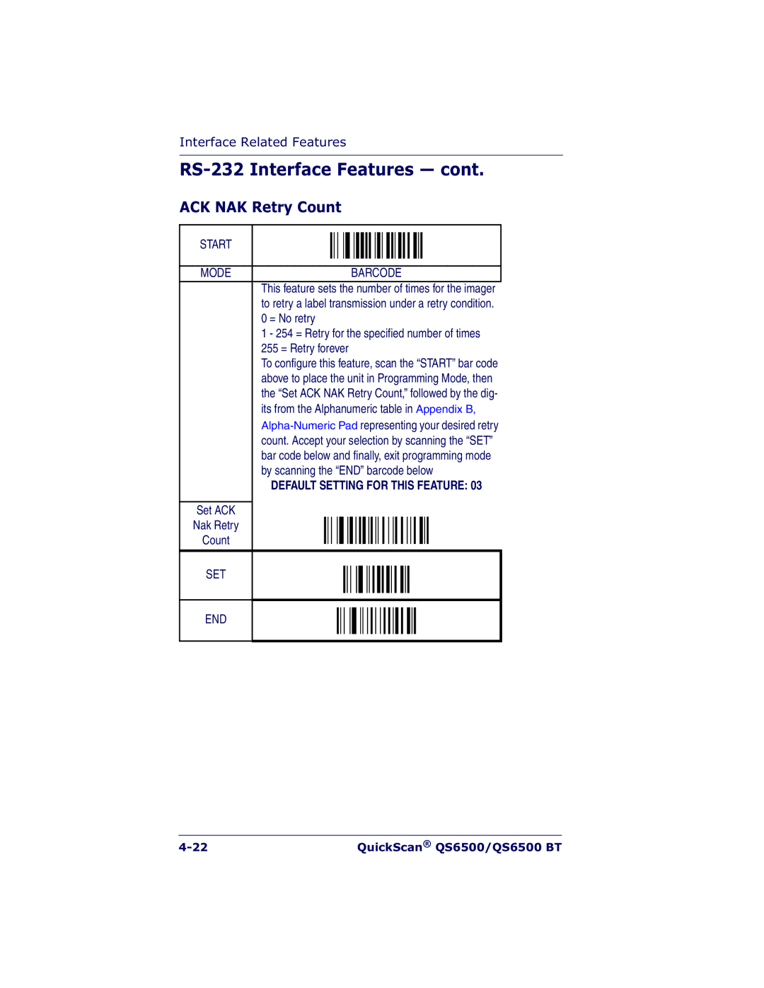 Datalogic Scanning QS6500BT manual ACK NAK Retry Count, 255 = Retry forever 