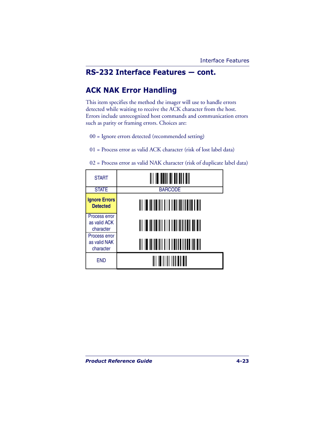 Datalogic Scanning QS6500BT manual RS-232 Interface Features ACK NAK Error Handling, Ignore Errors Detected 