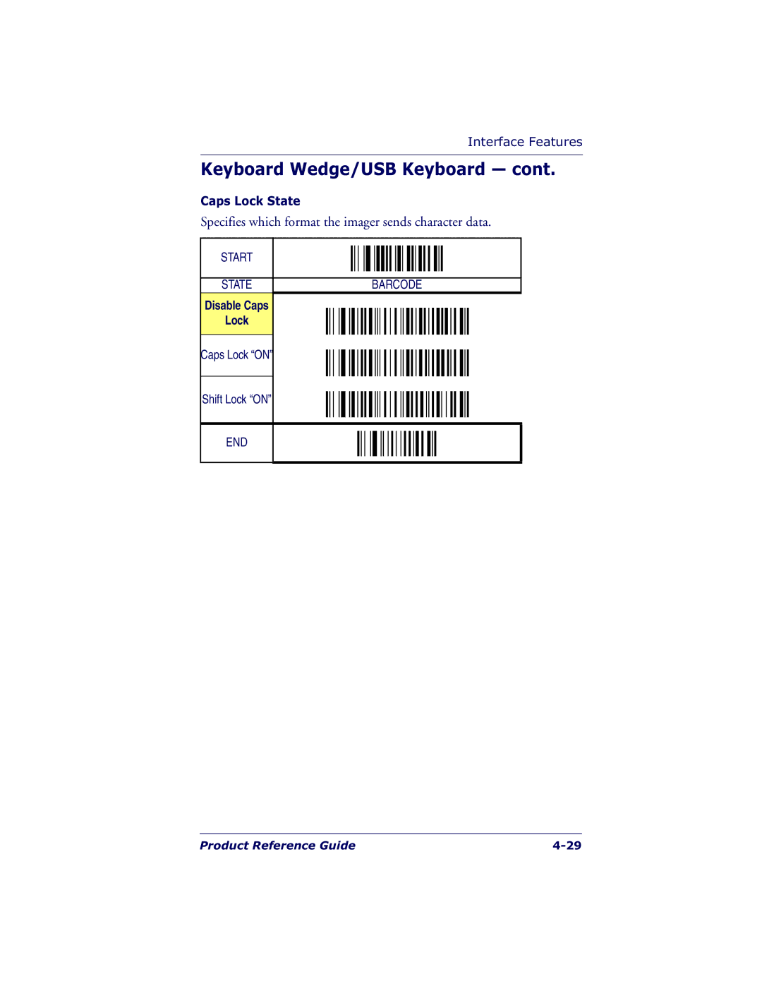 Datalogic Scanning QS6500BT manual Specifies which format the imager sends character data, Disable Caps Lock 