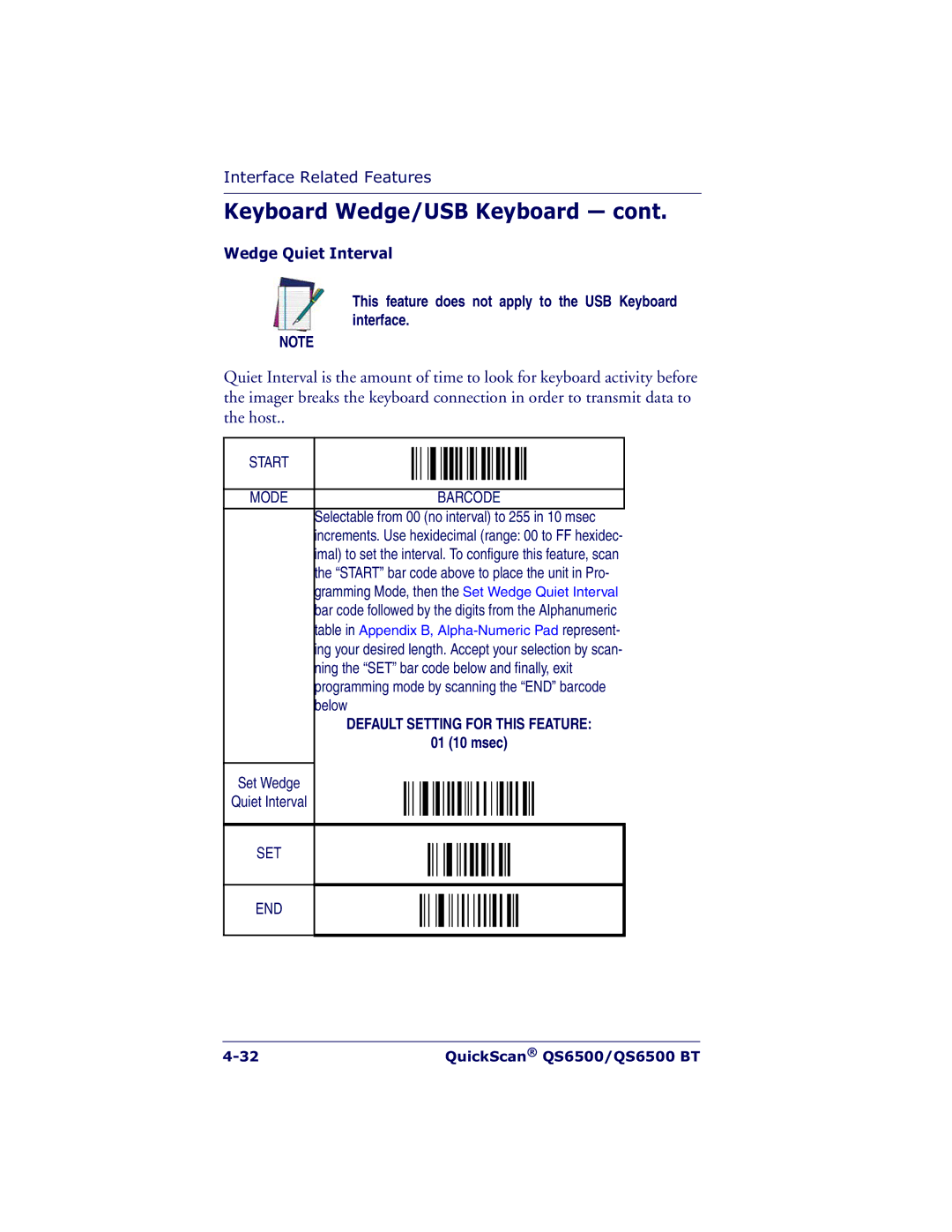 Datalogic Scanning QS6500BT manual 01 10 msec, Gramming Mode, then the Set Wedge Quiet Interval 