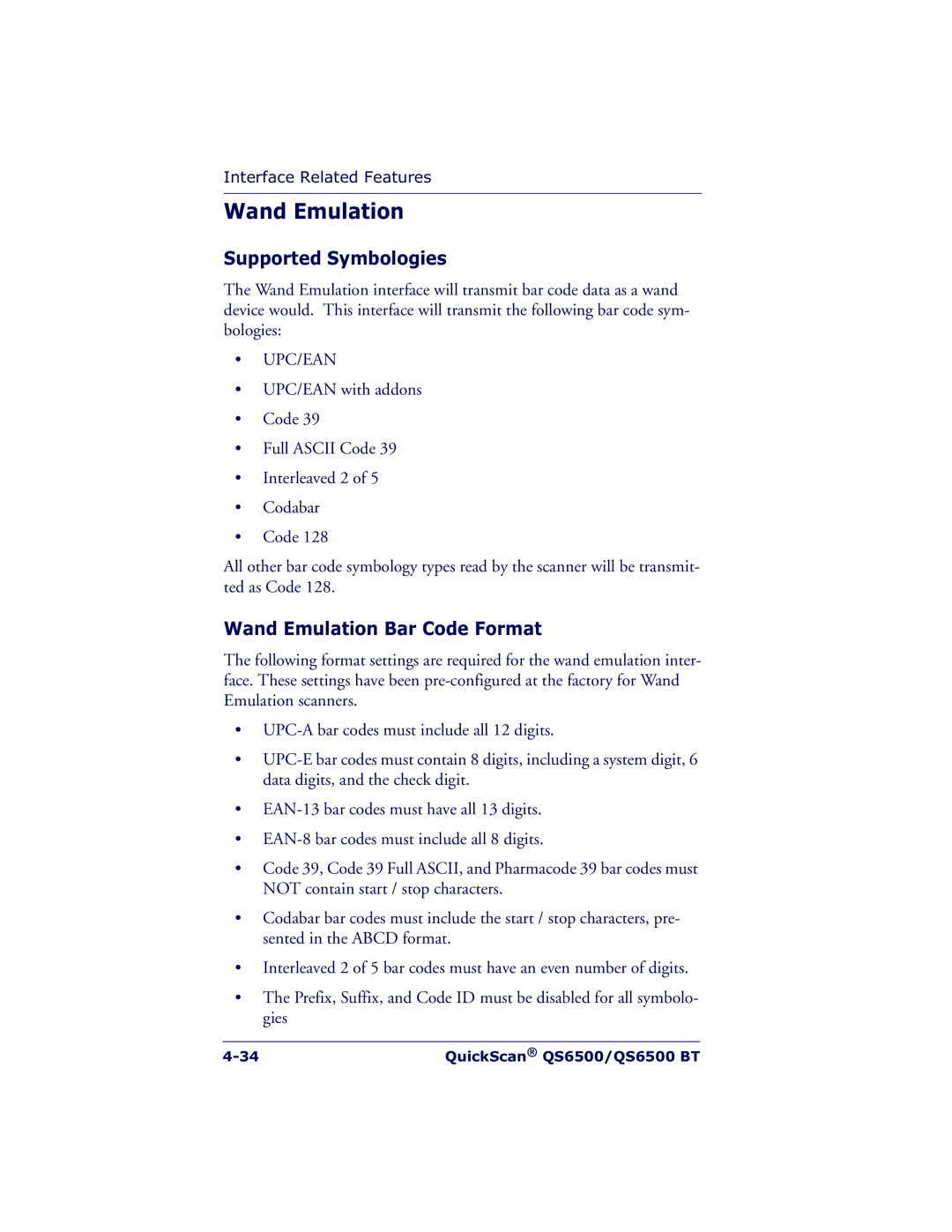 Datalogic Scanning QS6500BT manual Supported Symbologies, Wand Emulation Bar Code Format 