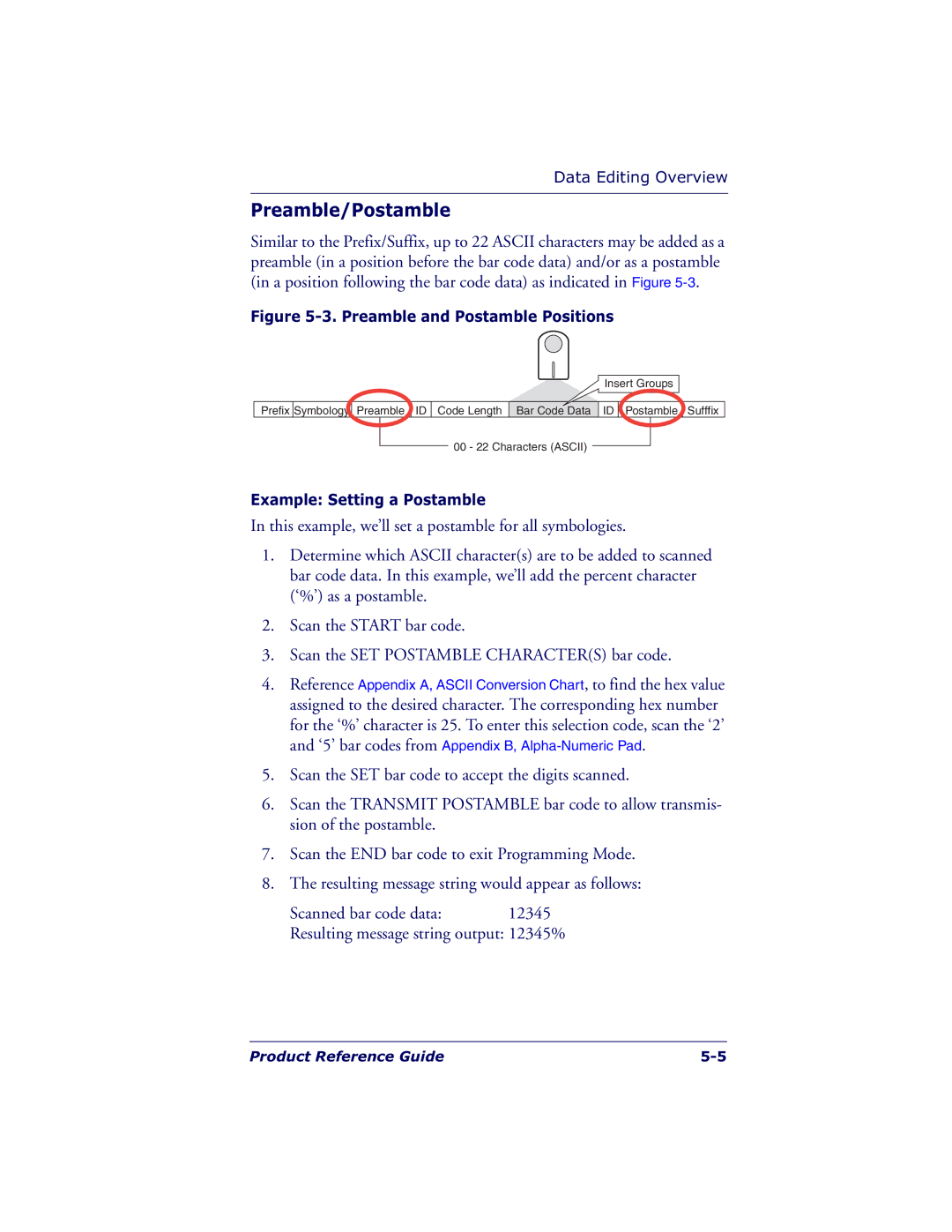 Datalogic Scanning QS6500BT manual Preamble/Postamble, Preamble and Postamble Positions 