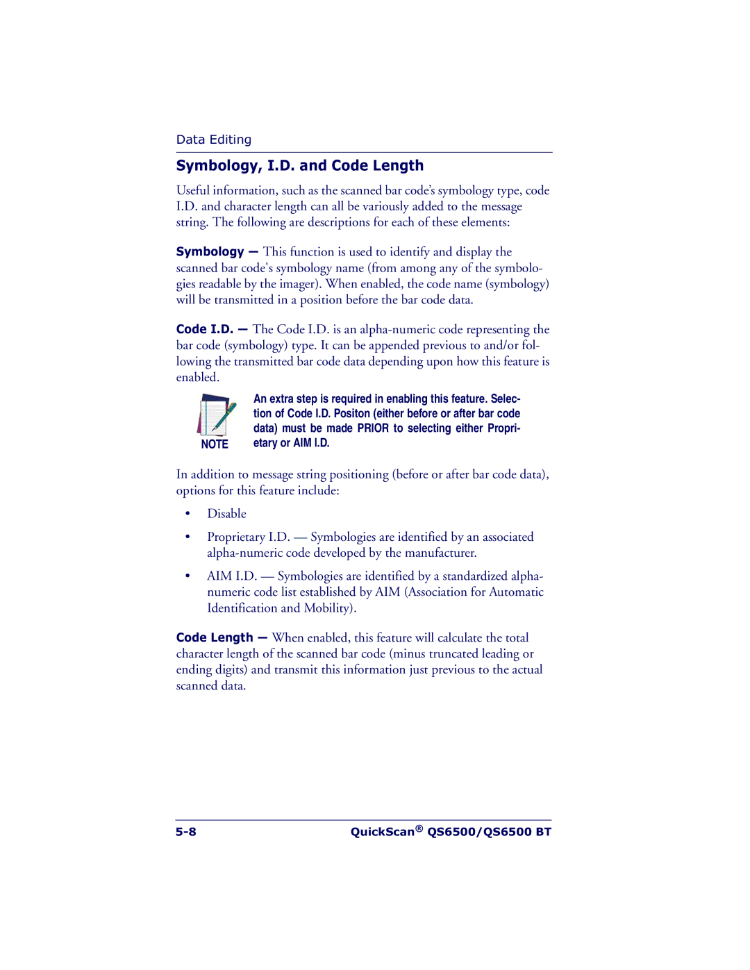 Datalogic Scanning QS6500BT manual Symbology, I.D. and Code Length, Etary or AIM I.D 