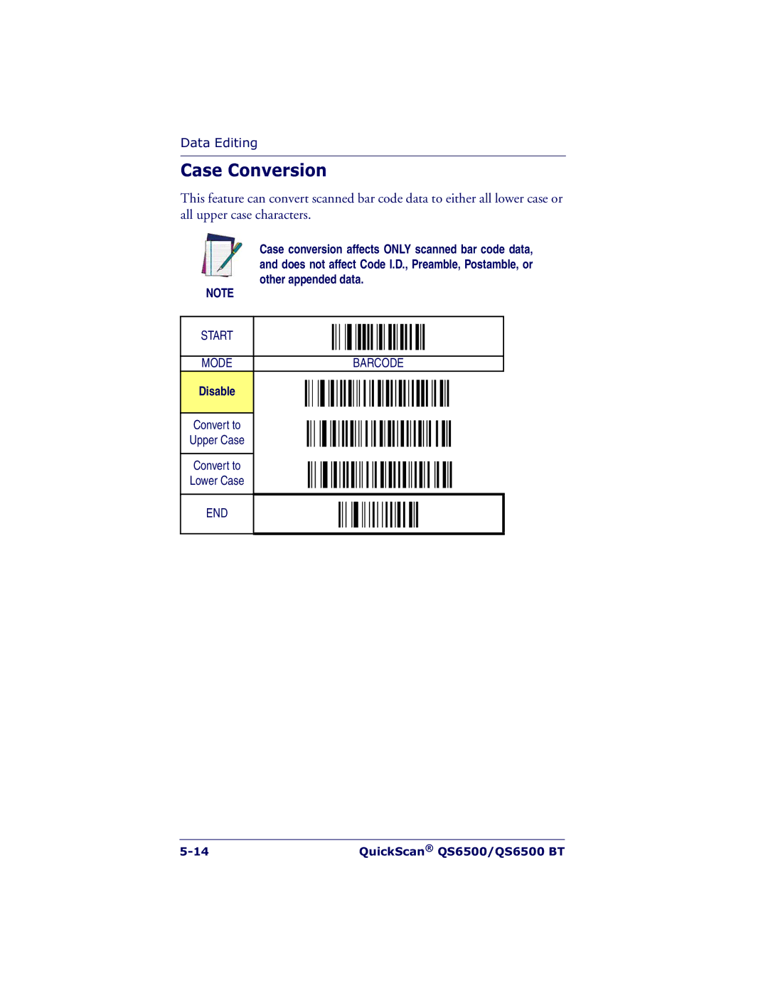 Datalogic Scanning QS6500BT manual Case Conversion, Disable 