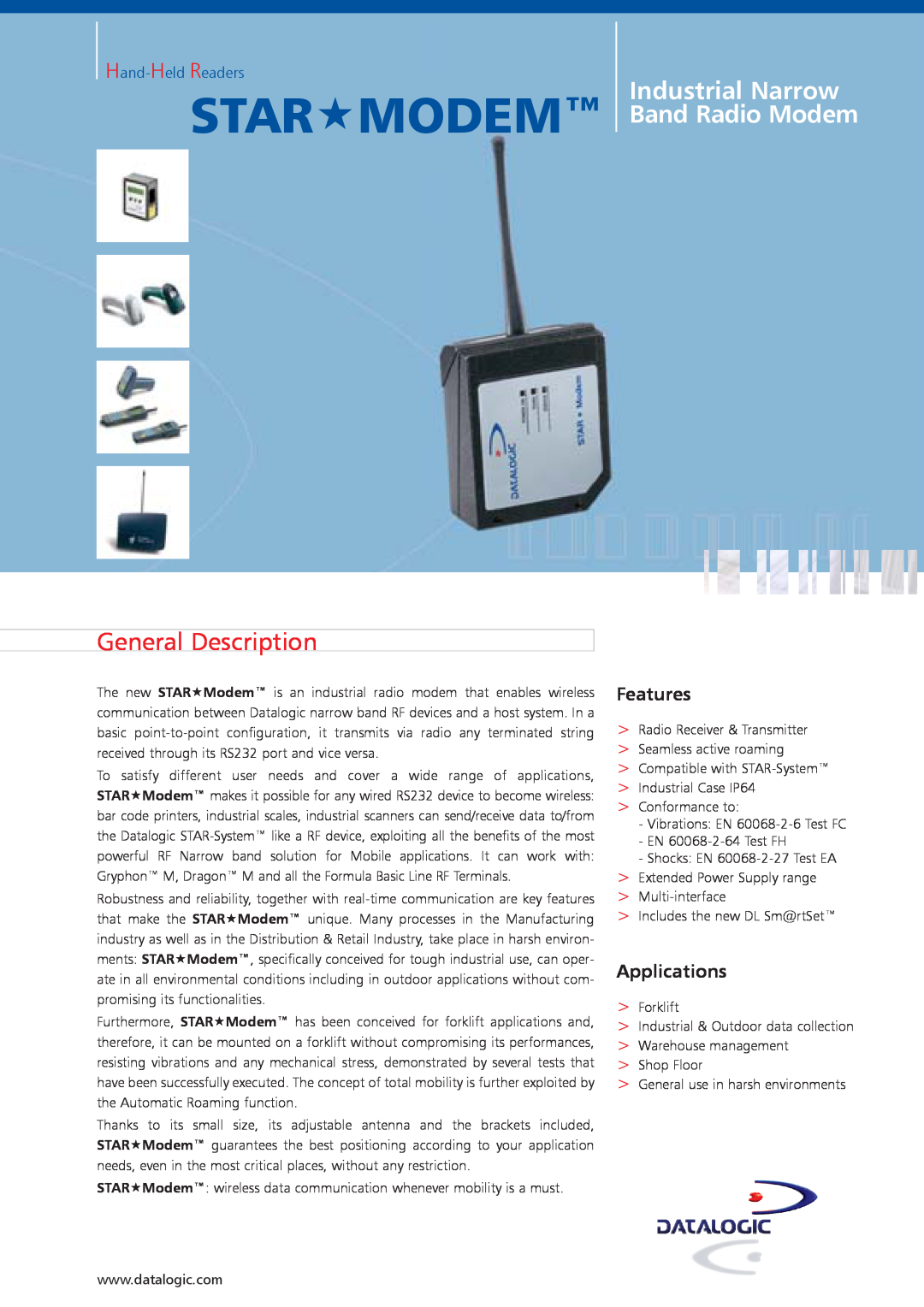 Datalogic Scanning RS232 manual General Description, Hand-Held Readers, StarModem, Industrial Narrow Band Radio Modem 