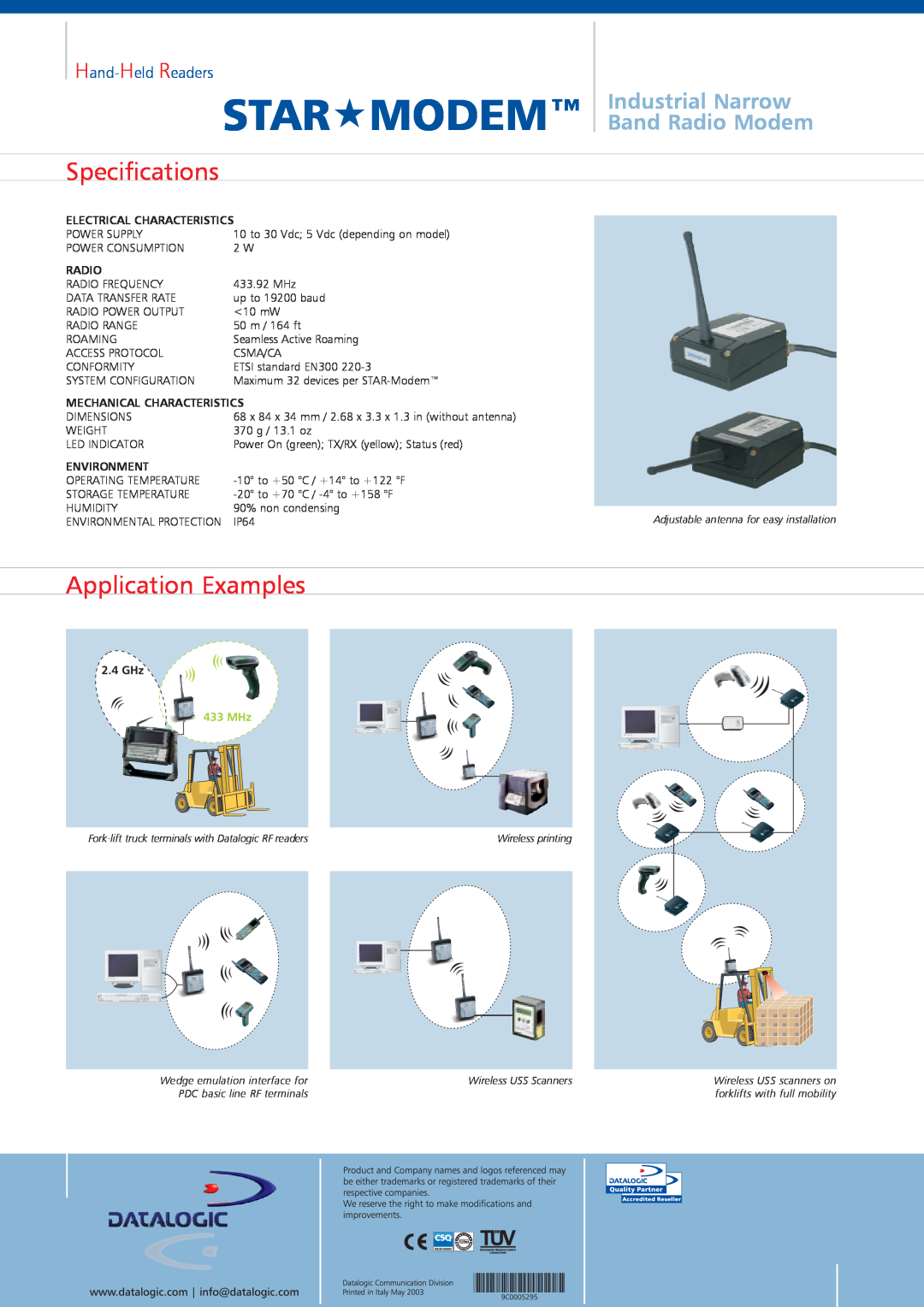 Datalogic Scanning RS232 Specifications, Application Examples, StarModem, Industrial Narrow Band Radio Modem, Environment 