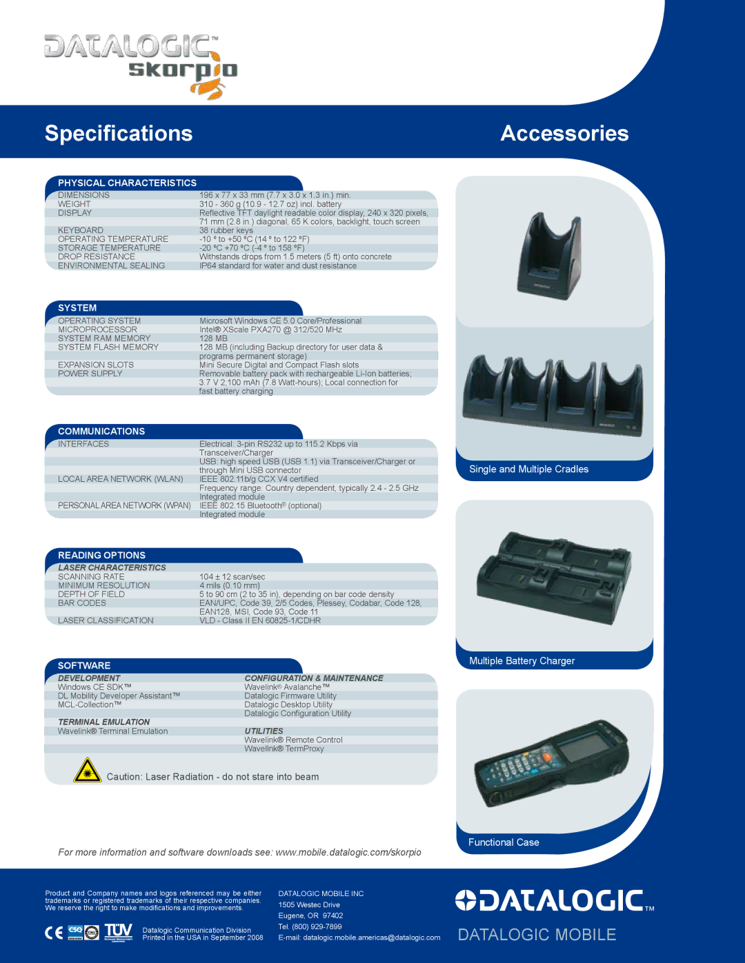 Datalogic Scanning Scorpio manual Physical Characteristics, System, Communications, Reading Options, Software 