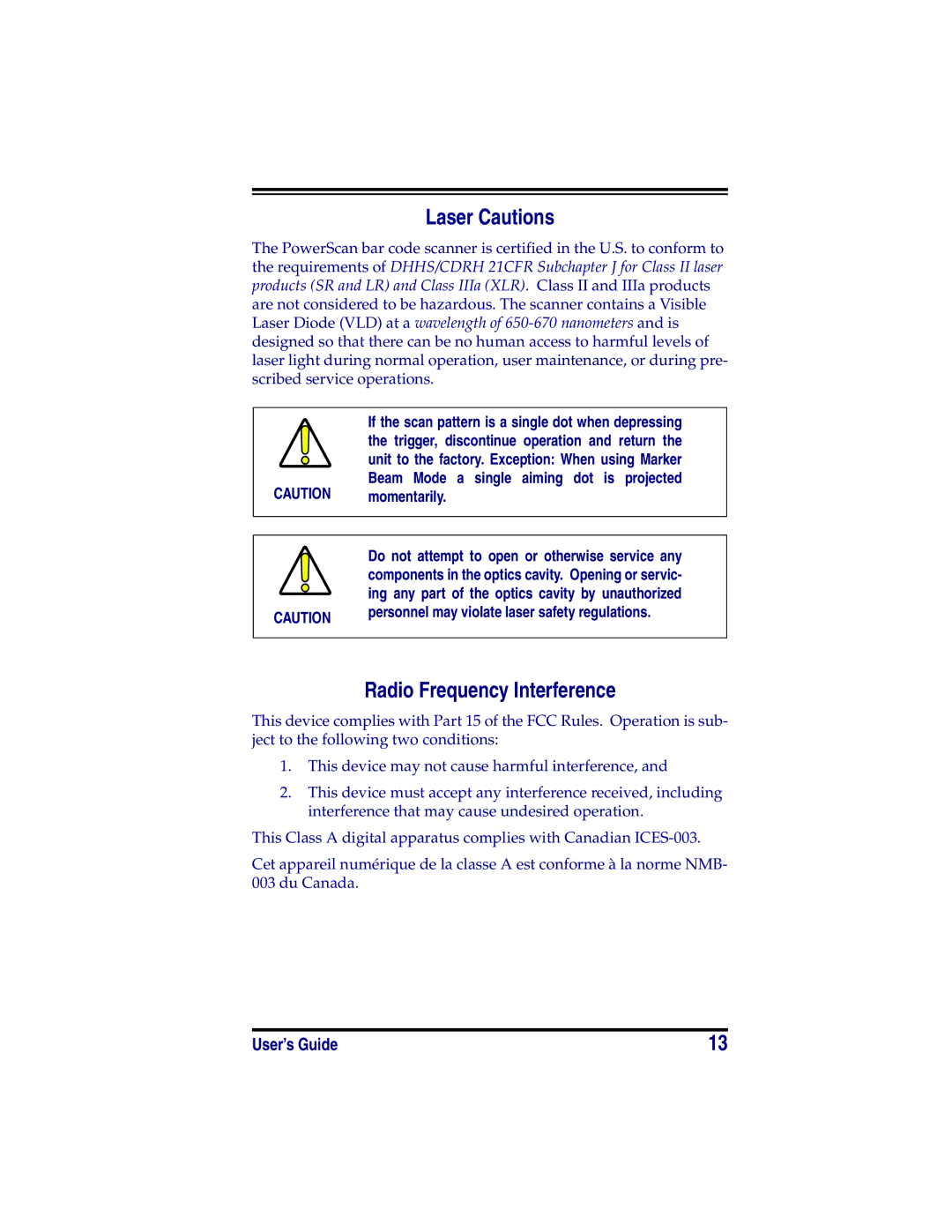 Datalogic Scanning HD, SR, XLR manual Laser Cautions, Radio Frequency Interference 