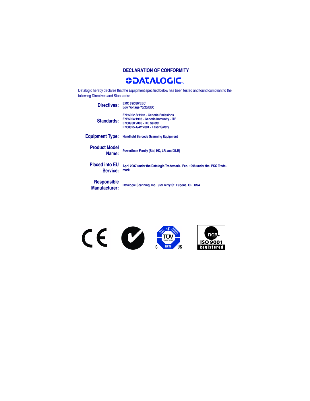 Datalogic Scanning HD, SR, XLR manual Declaration of Conformity 