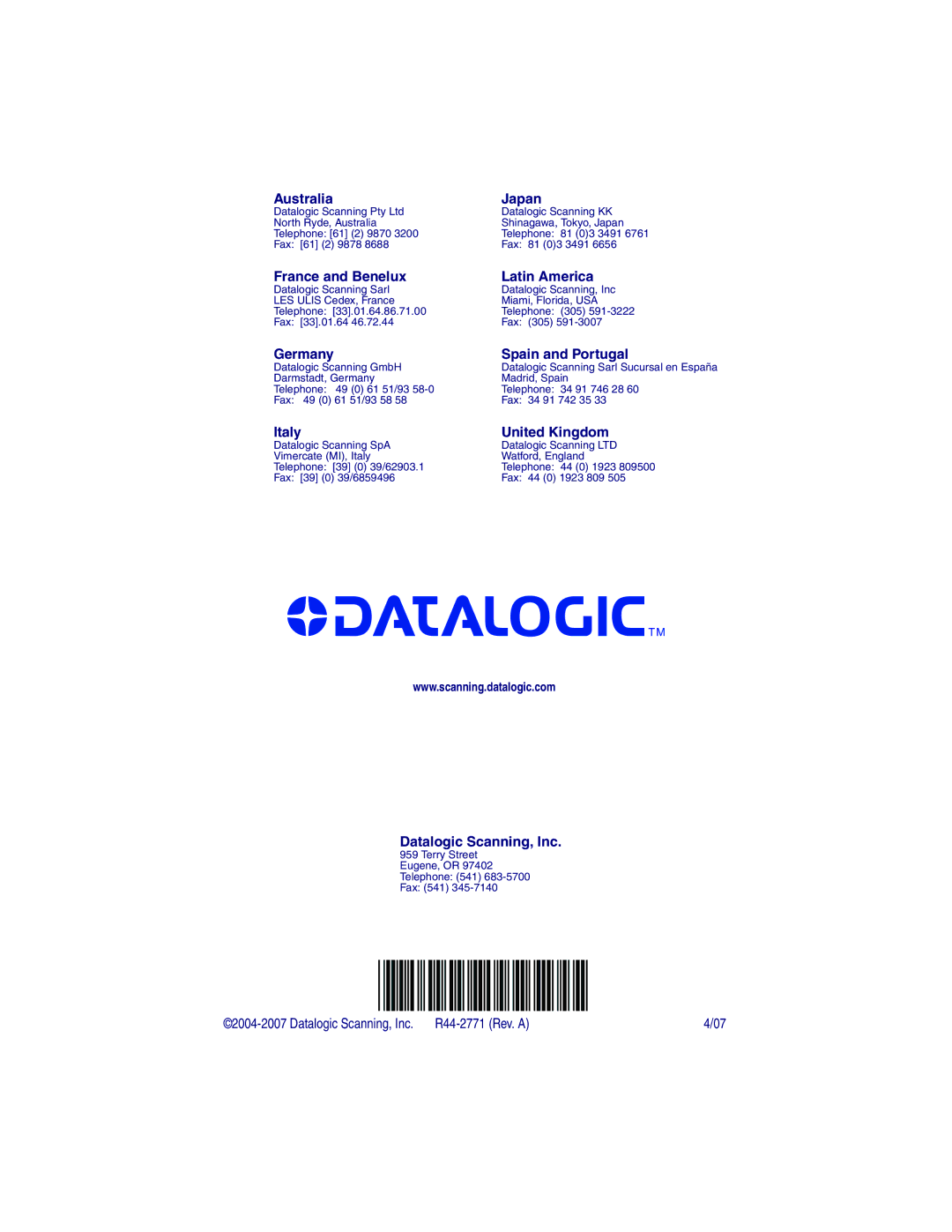 Datalogic Scanning SR, XLR, HD manual Datalogic Scanning, Inc 