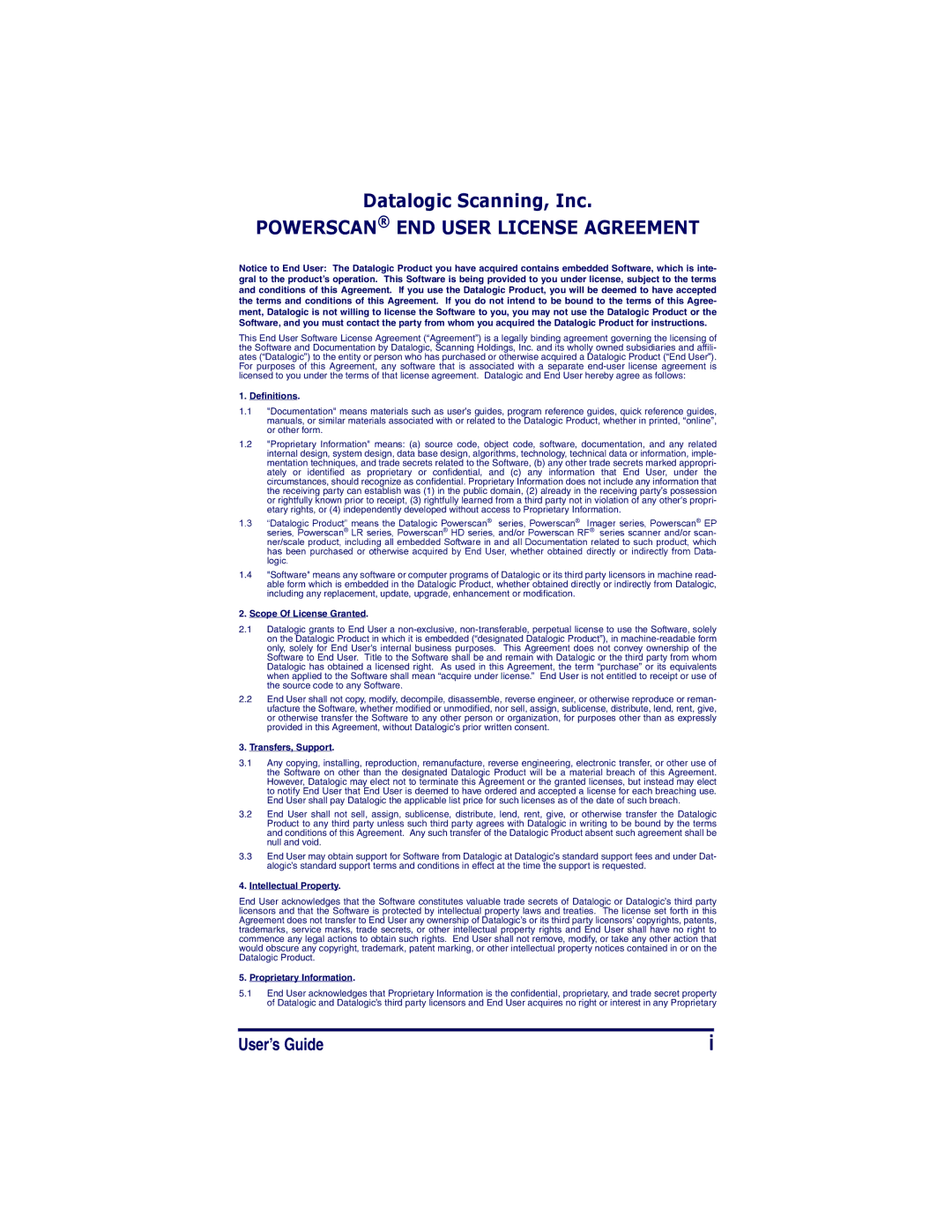 Datalogic Scanning HD, SR, XLR manual Powerscan END User License Agreement 