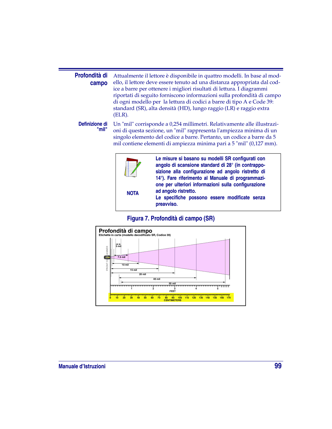 Datalogic Scanning HD, SR, XLR manual Ad angolo ristretto, Preavviso, Profondità di campo 