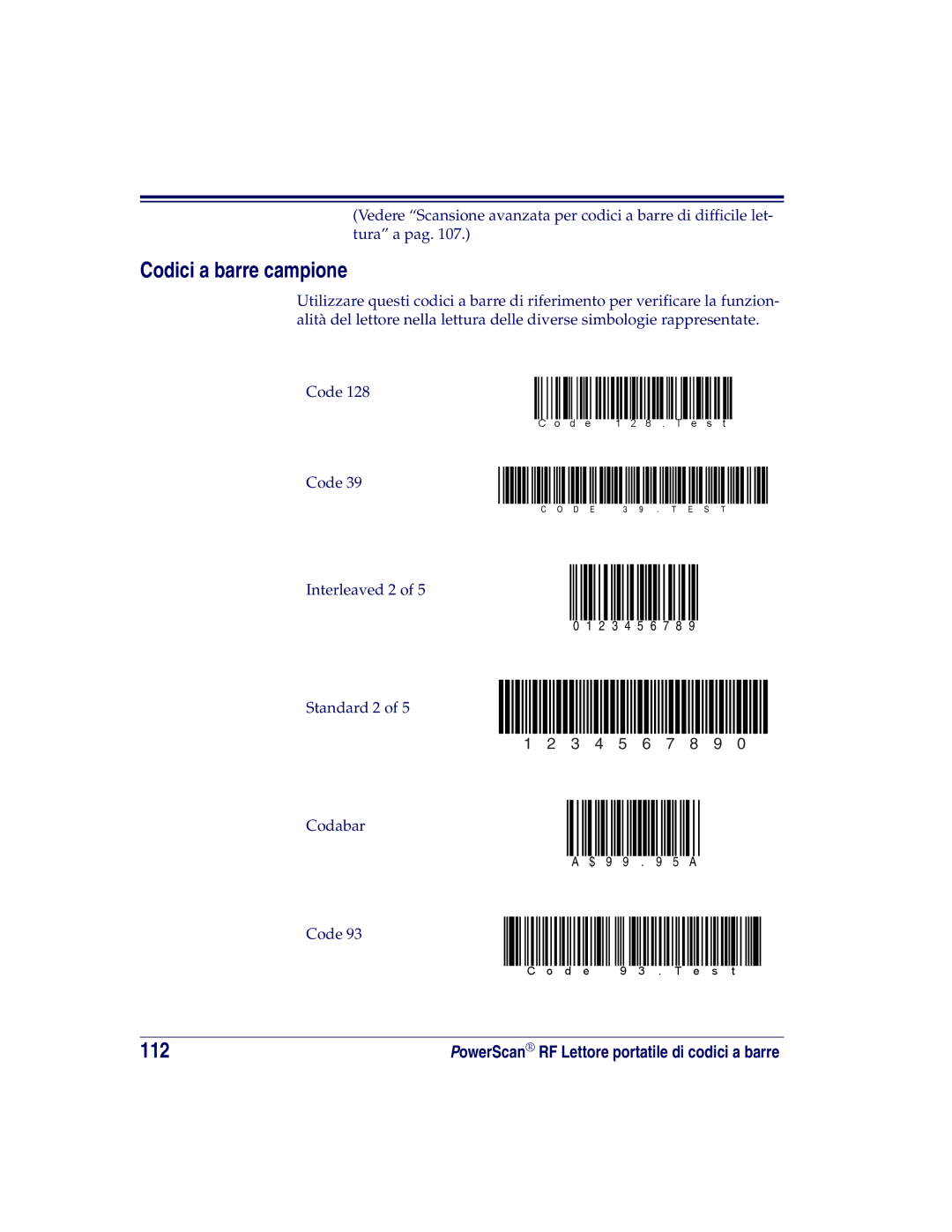 Datalogic Scanning SR, XLR, HD manual Codici a barre campione, 112 