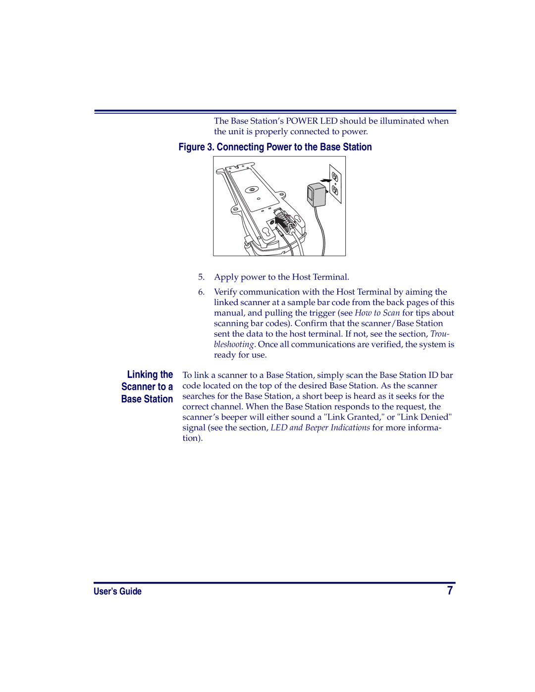 Datalogic Scanning HD, SR, XLR manual Connecting Power to the Base Station, Linking the Scanner to a Base Station 